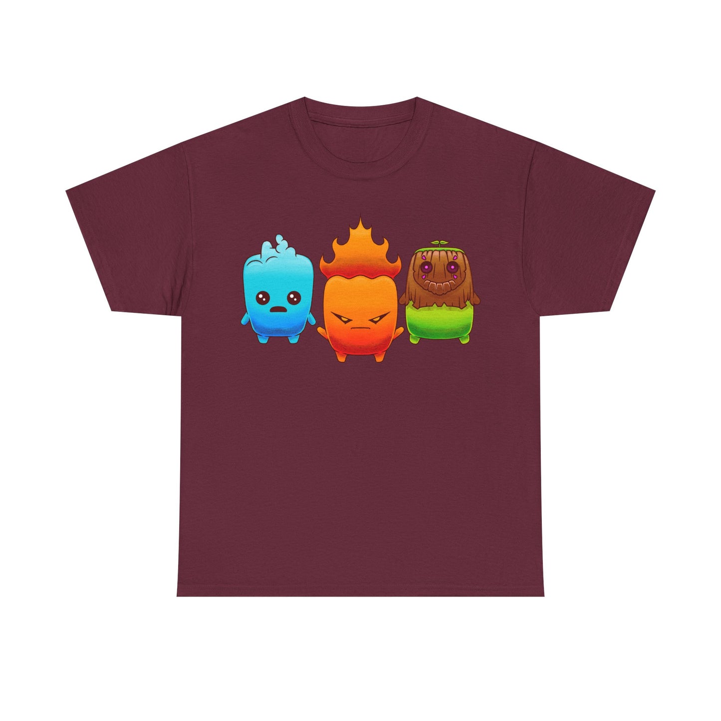 Fortnite Battle Royale t-shirt featuring the Fire Sprite, Water Sprite and Earth Sprite from Chapter 7 Season 3 Runners in a cute elemental spirit design.
