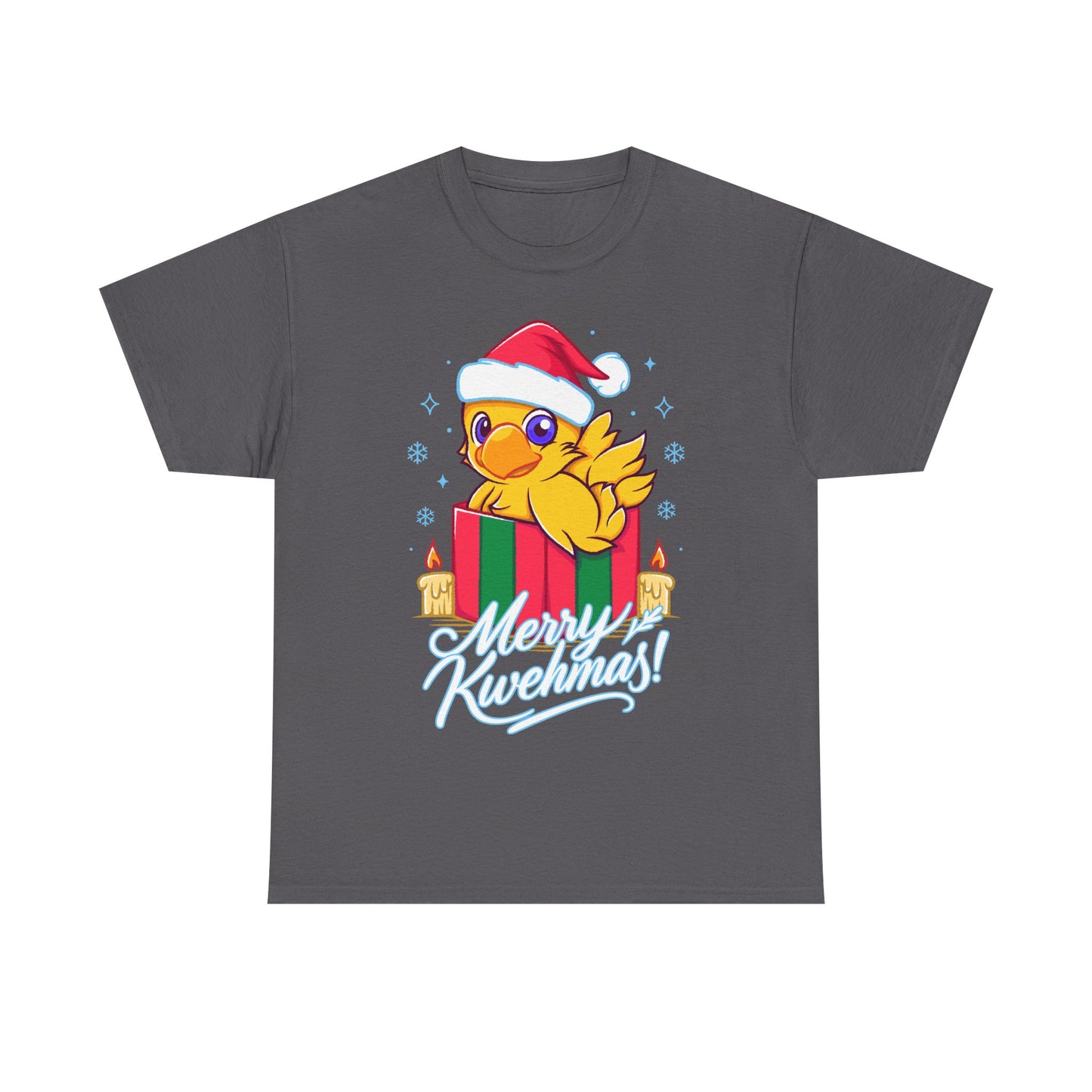 High-quality T-shirt featuring a cute Chocobo from the Final Fantasy series sitting inside a Christmas gift box and wearing a festive Santa hat. The design blends JRPG charm with adorable holiday aesthetics, making it perfect for fans of Chocobos, Christmas gaming apparel, and cute kawaii art. Ideal for gifting, collectors, and gamers who enjoy cozy festive clothing. Soft unisex tee suitable for daily wear during the holiday season. cute chocobo kawaii t-shirt, final fantasy christmas t-shirt