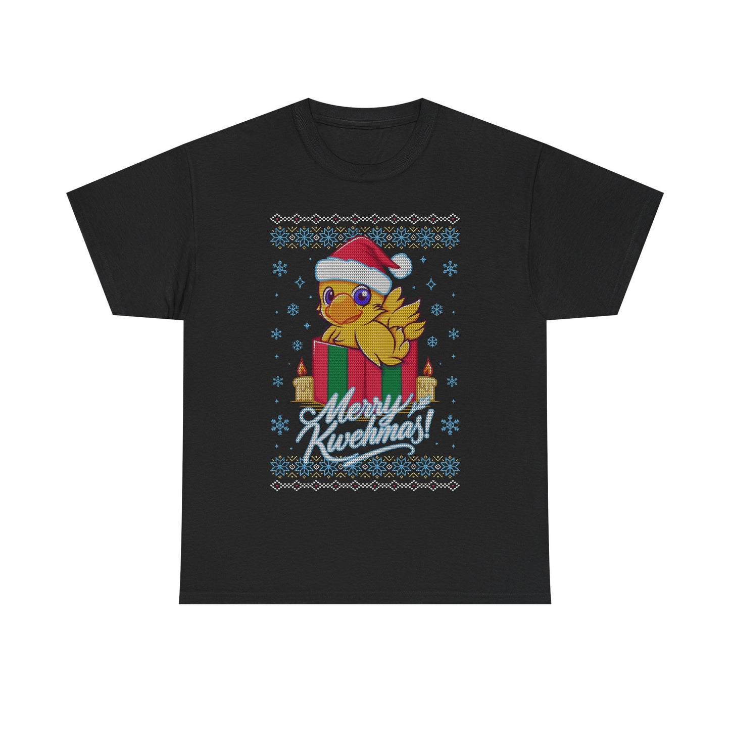 High-quality T-shirt featuring a cute Chocobo from the Final Fantasy series sitting inside a Christmas gift box and wearing a festive Santa hat. The design blends JRPG charm with adorable holiday aesthetics, making it perfect for fans of Chocobos, Christmas gaming apparel, and cute kawaii art. Ideal for gifting, collectors, and gamers who enjoy cozy festive clothing. Soft unisex tee suitable for daily wear during the holiday season. cute chocobo kawaii t-shirt, final fantasy christmas t-shirt
