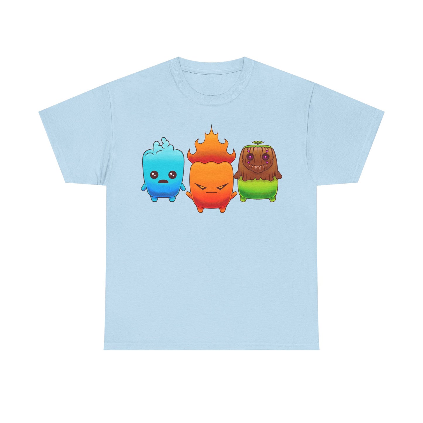 Fortnite Battle Royale t-shirt featuring the Fire Sprite, Water Sprite and Earth Sprite from Chapter 7 Season 3 Runners in a cute elemental spirit design.