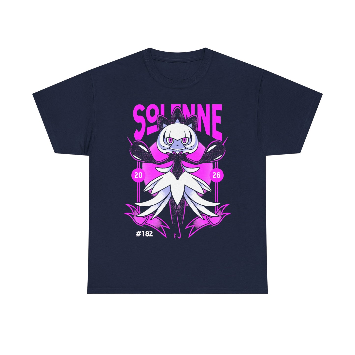 Palworld Solenne t-shirt featuring the Dark and Neutral Pal inspired by her elegant dancer appearance, Untainted Maiden skill and black feather aesthetic.