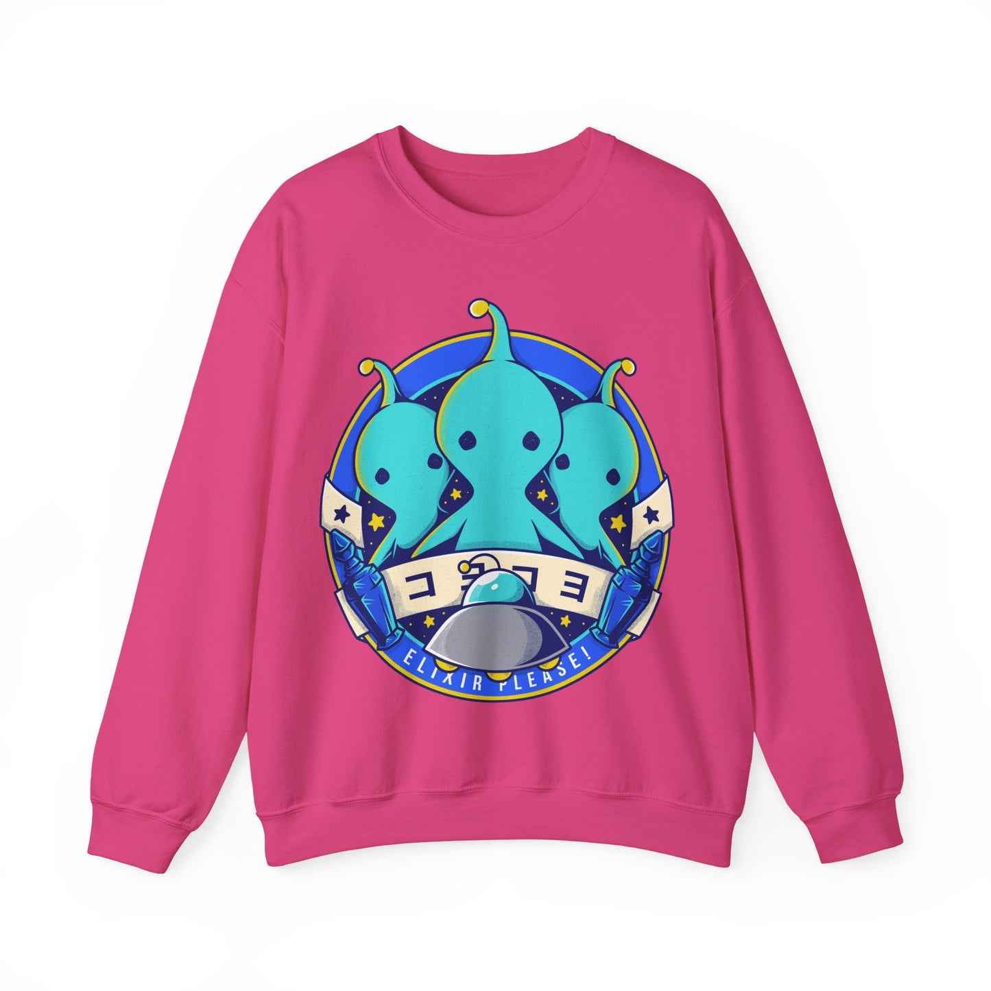 Pupu Final Fantasy crewneck sweatshirt featuring the iconic blue alien from FFVIII and FFXIV in a cute kawaii style. High-quality gamer apparel, perfect for JRPG fans, collectors, and retro gaming lovers. Exclusive Pupu alien graphic tee inspired by the UFO encounters in Final Fantasy VIII and Final Fantasy XIV. Unisex video game shirt ideal as a gift for gamers and anime fans. final fantasy viii merch, ffviii merch, ffxiv merch, final fantasy xiv merch, final fantasy viii pupu
