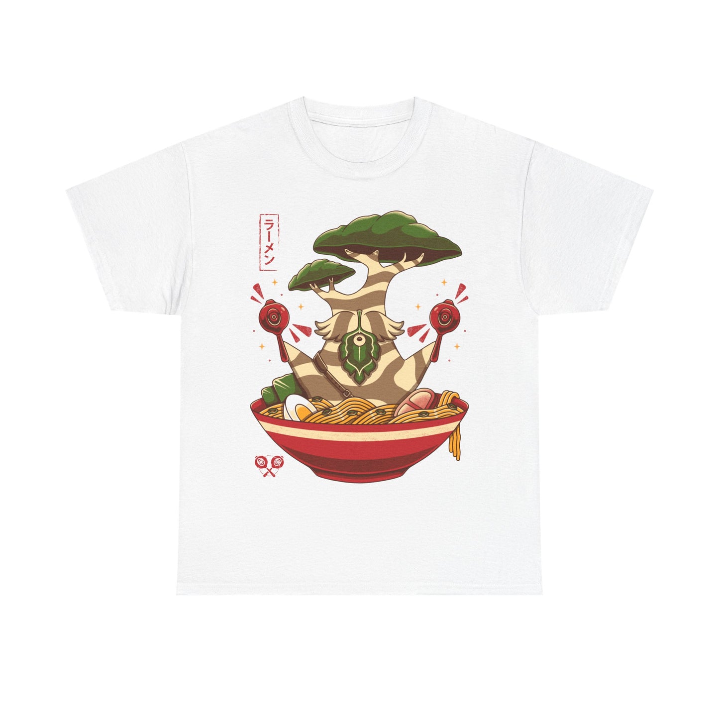 Hestu Korok t-shirt from The Legend of Zelda Breath of the Wild featuring Hestu doing the Shalaka Dance inside a ramen noodle bowl in cute gamer style.