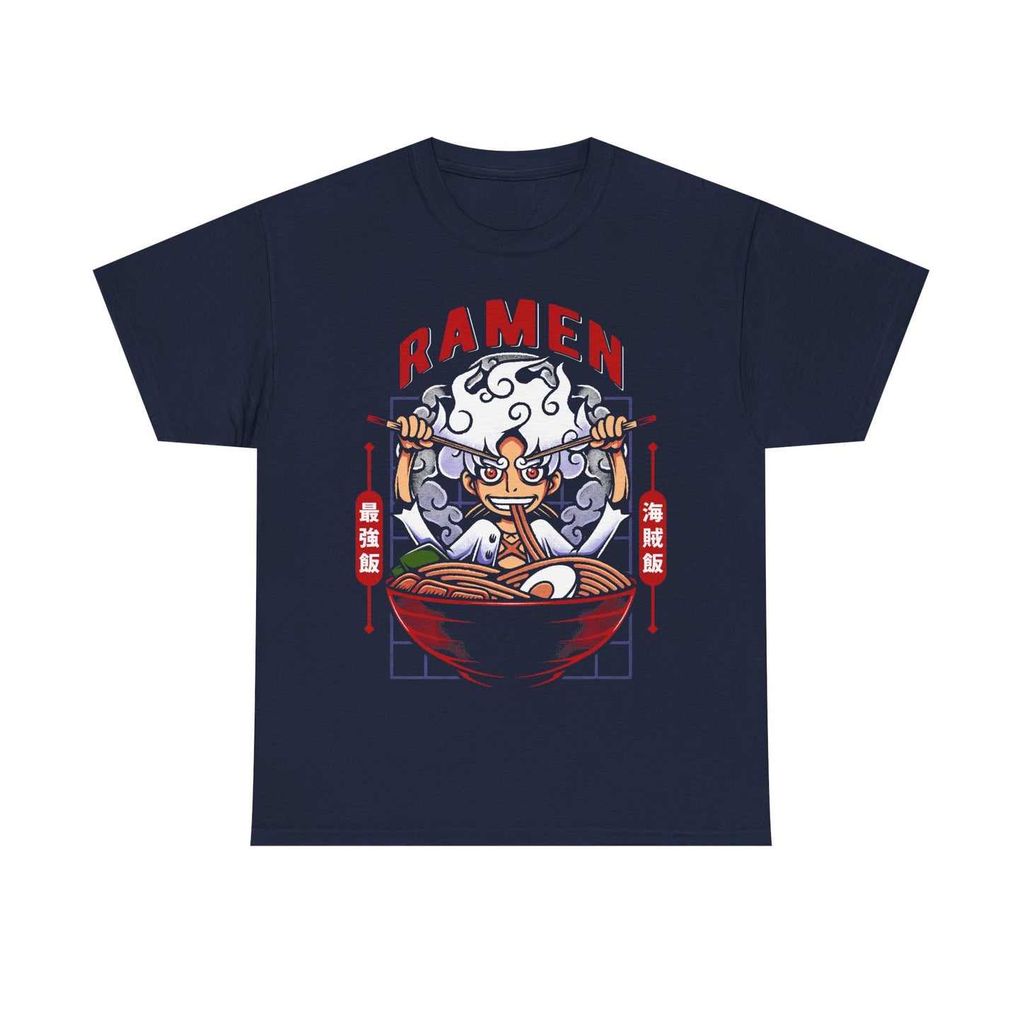 Gear 5 Luffy One Piece ramen t-shirt featuring Sun God Nika inside a Japanese noodle bowl with chopsticks in a foodie anime streetwear design inspired by the Straw Hat Pirates.