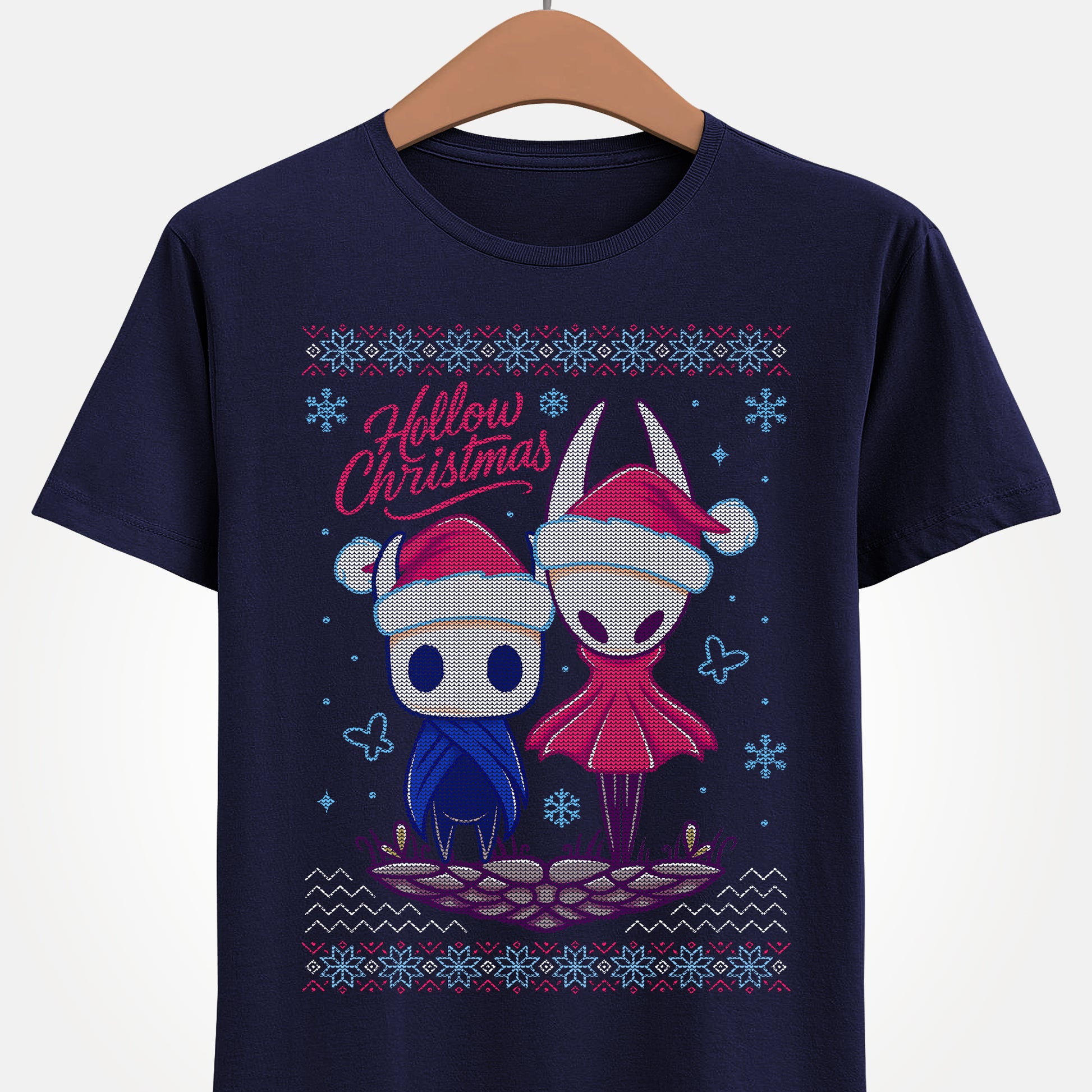 Gamer xmas t-shirt inspired by Hornet and The Knight from Hollow Knight and Hollow Knight Silksong metroidvania indie games in christmas style wearing a Santa hat.

hollow christmas, hollow knight christmas, hollow knight christmas t-shirt, hollow knight christmas tee, hollow knight christmas shirt, hollow knight christmas hornet and the knight shirt, hollow knight xmas t-shirt,  hollow knight crhistmas ugly t-shirt, xmas hollow knight merch, hollow knight silksong ugly christmas sweater shirt