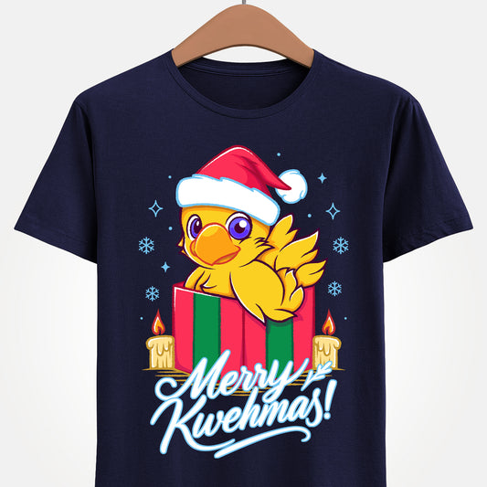 High-quality T-shirt featuring a cute Chocobo from the Final Fantasy series sitting inside a Christmas gift box and wearing a festive Santa hat. The design blends JRPG charm with adorable holiday aesthetics, making it perfect for fans of Chocobos, Christmas gaming apparel, and cute kawaii art. Ideal for gifting, collectors, and gamers who enjoy cozy festive clothing. Soft unisex tee suitable for daily wear during the holiday season. cute chocobo kawaii t-shirt, final fantasy christmas t-shirt