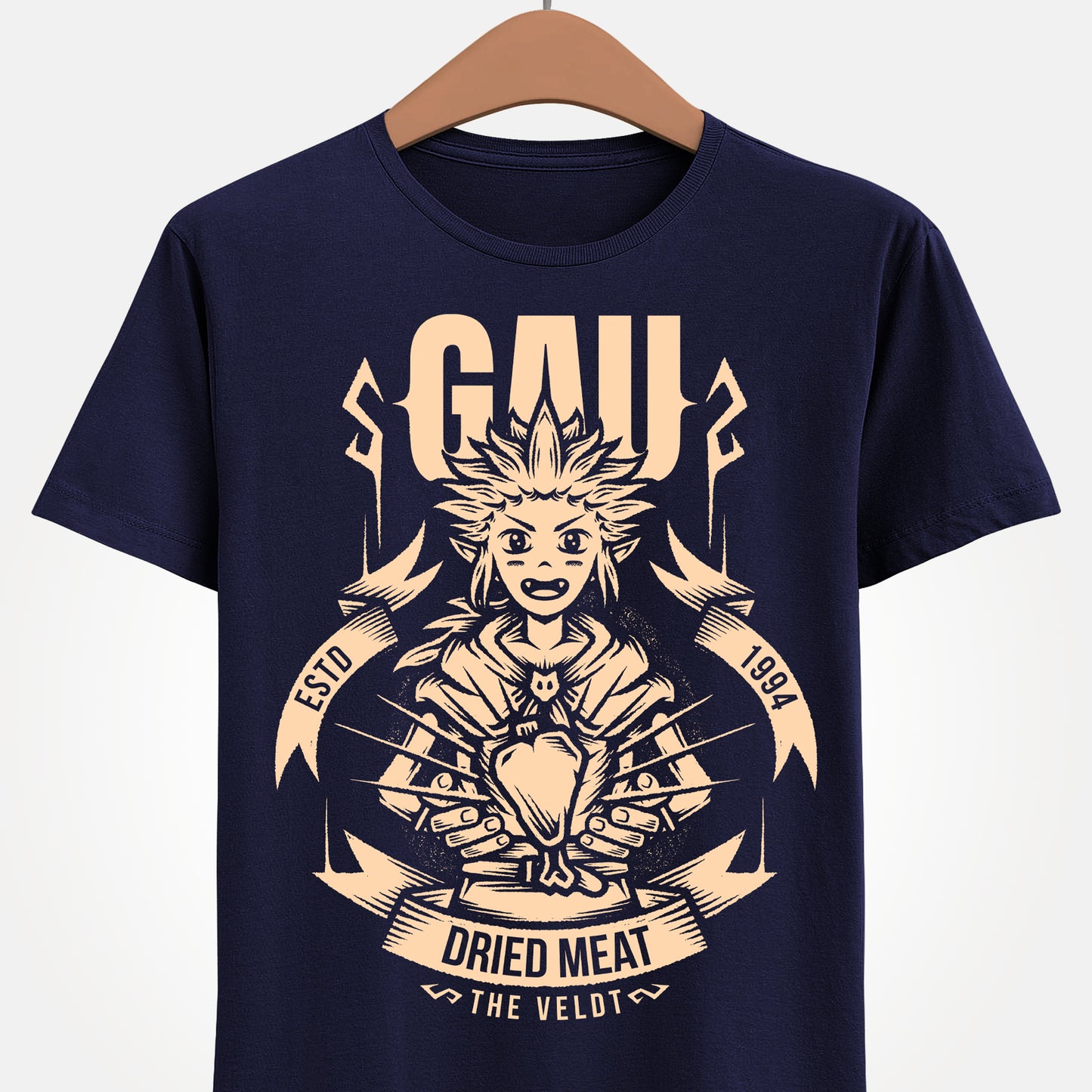 Gau Final Fantasy VI t-shirt featuring the Veldt recruitment scene with Sabin and Cyan using dried meat in the classic FF6 retro RPG. Perfect tee for Final Fantasy 6 gamers who wants unique merch.