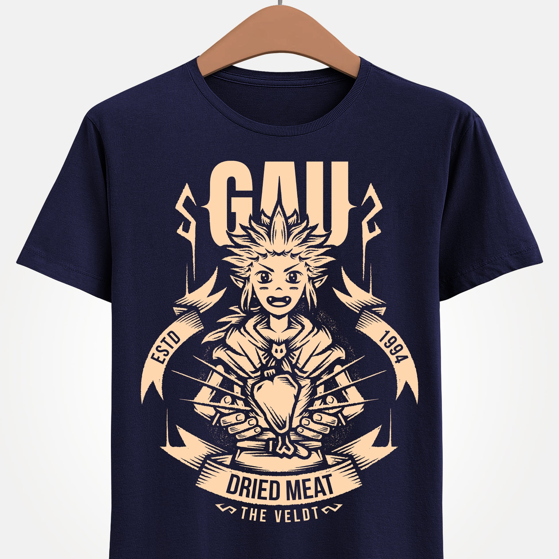Gau Final Fantasy VI t-shirt featuring the Veldt recruitment scene with Sabin and Cyan using dried meat in the classic FF6 retro RPG. Perfect tee for Final Fantasy 6 gamers who wants unique merch.