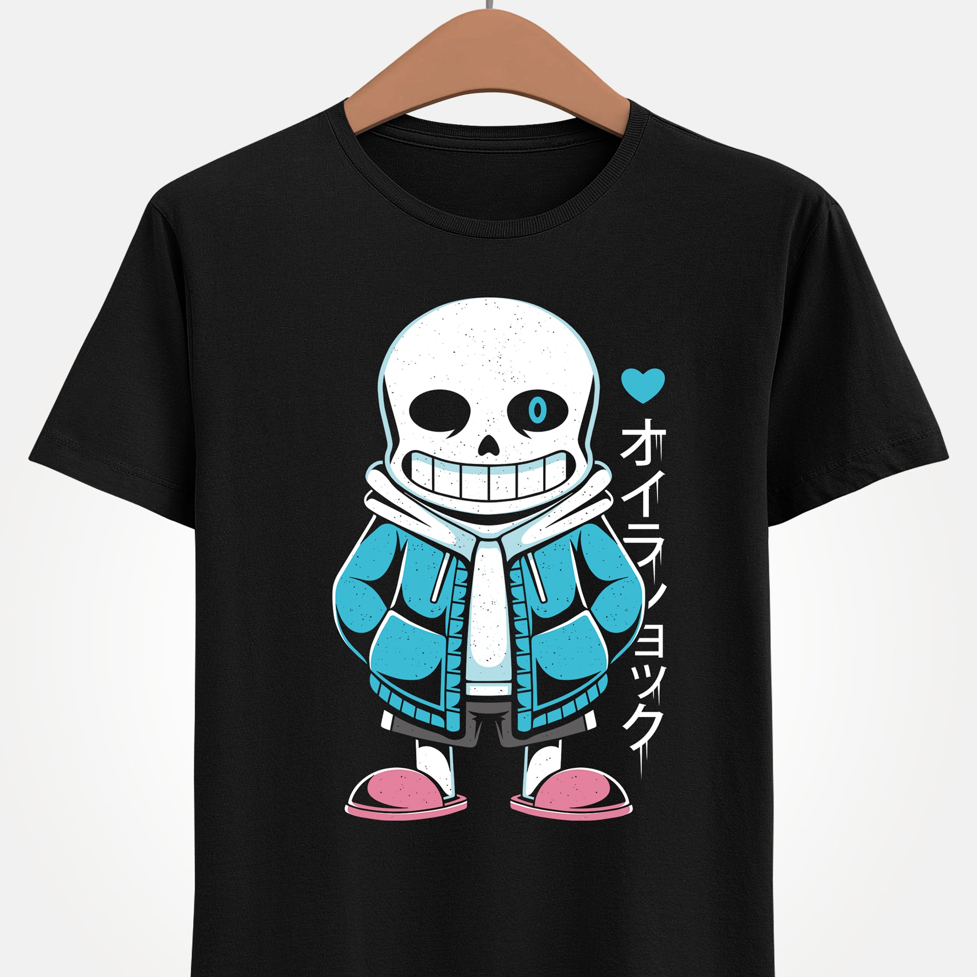 Image of a Sans “Lazy Bones” T-shirt inspired by the indie game Undertale. The design features Sans in a humorous lazy pose, referencing his iconic skeleton character and meme personality. Printed in a bold, cartoon style, this tee is perfect for Undertale fans, gamers, meme lovers and indie game collectors. Ideal gamer apparel for those who enjoy funny gaming shirts, geek fashion and unique Undertale fan art merchandise. sans undertale indie game shirt, sans undertale video game merch, sans undertale tee