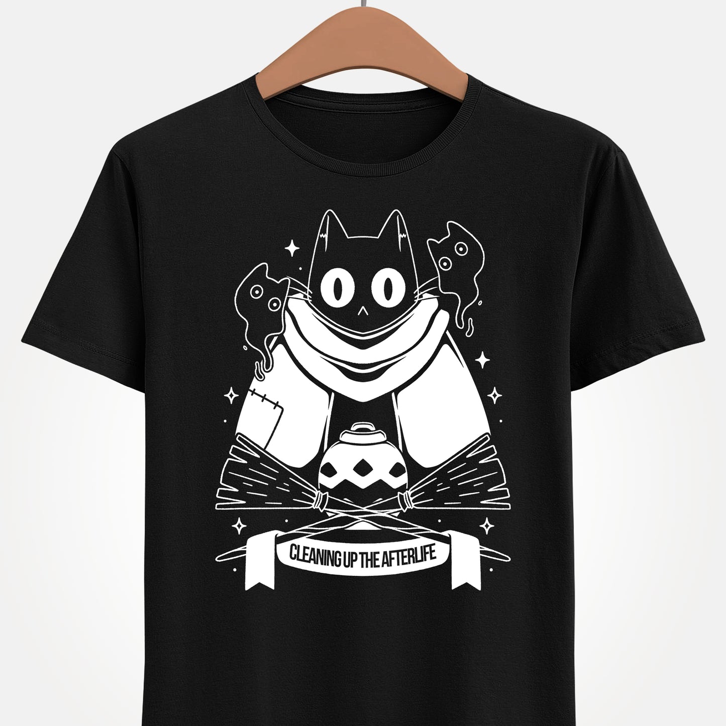 Crypt Custodian Cleaning Up the Afterlife t-shirt inspired by the indie metroidvania game starring Pluto, the mischievous ghost cat sentenced to clean the afterworld forever. This unisex gamer shirt captures the spooky cute charm and dark fantasy atmosphere of the game, blending cozy aesthetics with supernatural adventure. Perfect indie game merch for metroidvania fans, collectors, and gamers who love unique character-driven titles.