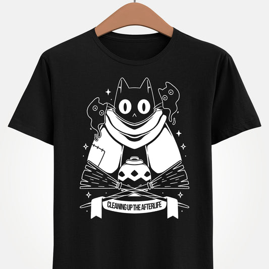 Crypt Custodian Cleaning Up the Afterlife t-shirt inspired by the indie metroidvania game starring Pluto, the mischievous ghost cat sentenced to clean the afterworld forever. This unisex gamer shirt captures the spooky cute charm and dark fantasy atmosphere of the game, blending cozy aesthetics with supernatural adventure. Perfect indie game merch for metroidvania fans, collectors, and gamers who love unique character-driven titles.