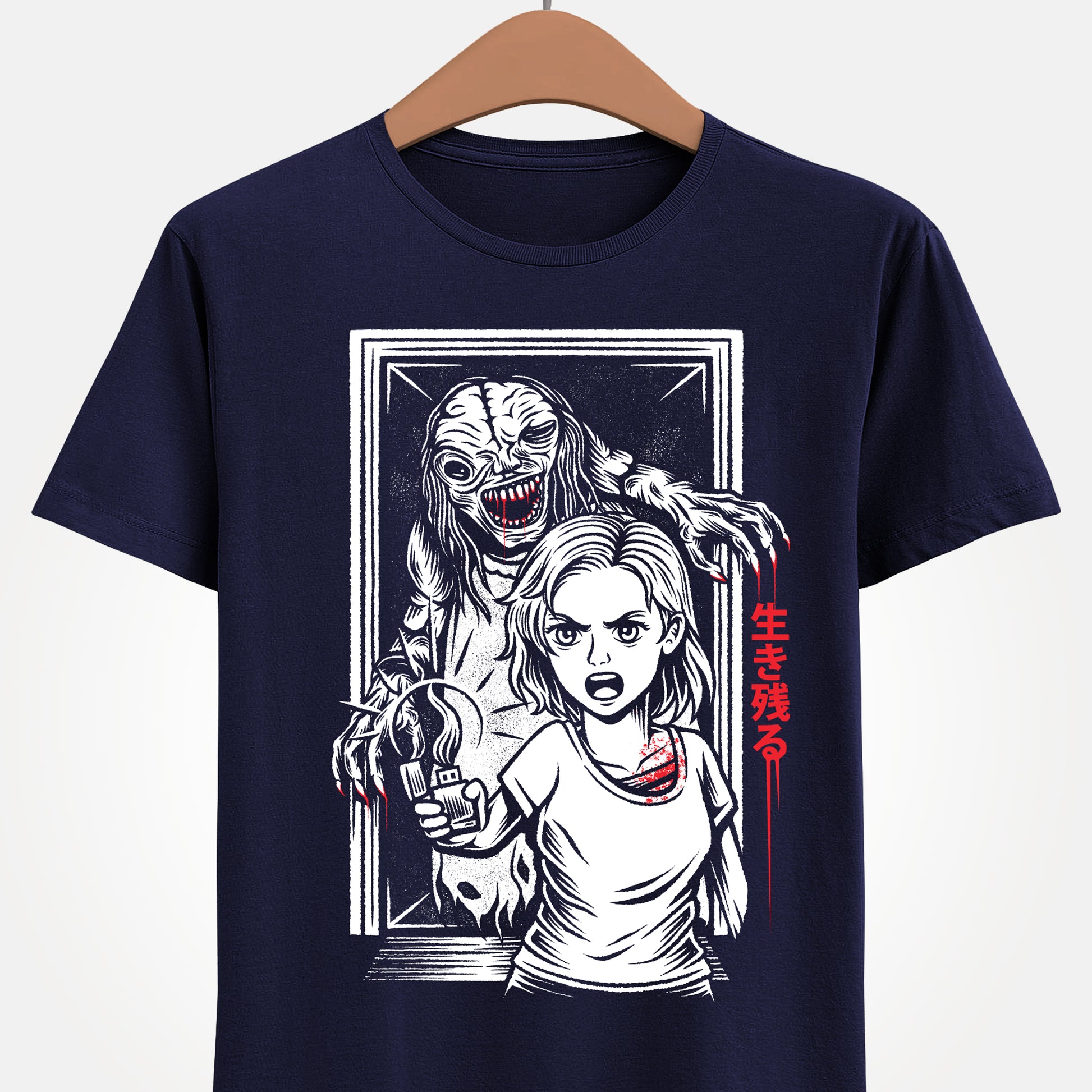 Resident Evil Requiem t-shirt inspired by the survival horror video game also known as Resident Evil 9 or RE9. Featuring protagonist Grace Ashcroft confronting the terrifying boss The Girl, also known as Marie or Subject 170, this design captures the dark atmosphere and psychological horror style of the Resident Evil series. Perfect survival horror gamer merch for fans of Resident Evil, horror video games.