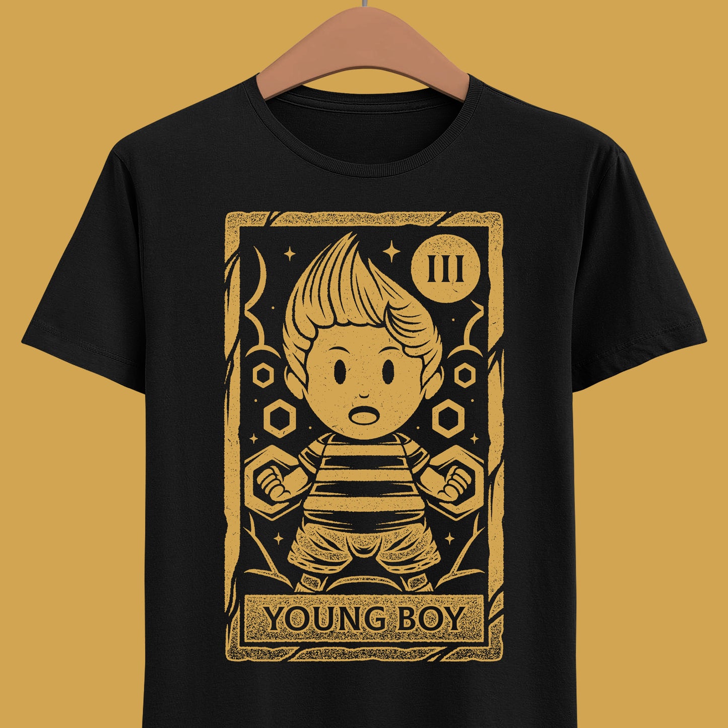 Lucas Mother 3 t-shirt featuring a vintage tarot card illustration inspired by the emotional JRPG Mother 3. Retro gaming apparel with a one-ink monochrome design depicting Lucas, the main protagonist of the cult classic RPG. Nostalgic gamer merch ideal for fans of Mother 3 t-shirts, RPG and JRPG video games, tarot card art, and story-driven retro games. Perfect collector tee for retrogaming fans and lovers of symbolic fantasy illustration. mother 3 lucas t-shirt, mother 3 lucas merch.
