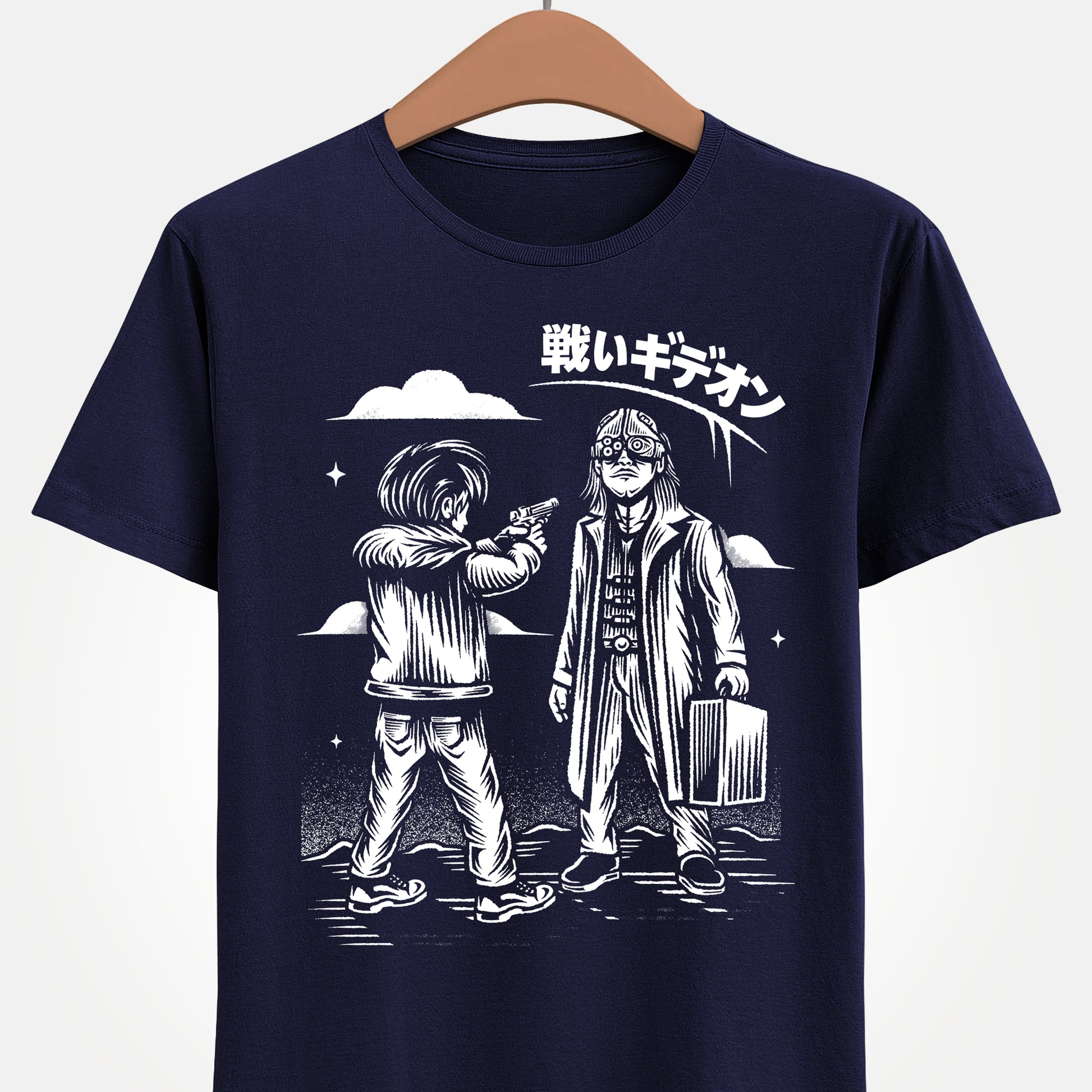 Resident Evil Requiem t-shirt featuring Leon S. Kennedy confronting Victor Gideon. Inspired by Resident Evil 9 (RE9), this survival horror design captures the intense atmosphere of the iconic horror game series. Perfect gamer merch for fans of Resident Evil, horror video games, and dark action-packed designs.