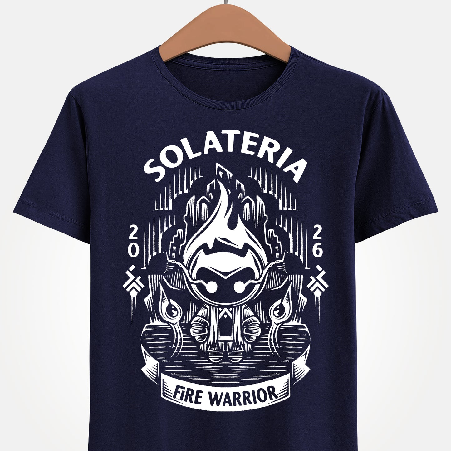 Solateria Fire Warrior t-shirt featuring the protagonist of the indie metroidvania game in a dark fantasy action platformer design.