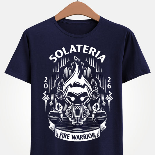 Solateria Fire Warrior t-shirt featuring the protagonist of the indie metroidvania game in a dark fantasy action platformer design.