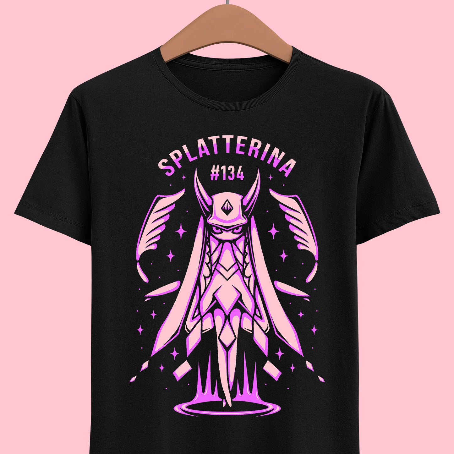 Palworld Splatterina Crimson Butcher t-shirt featuring the Dark Pal and her distinctive red, black and white yandere inspired character design.