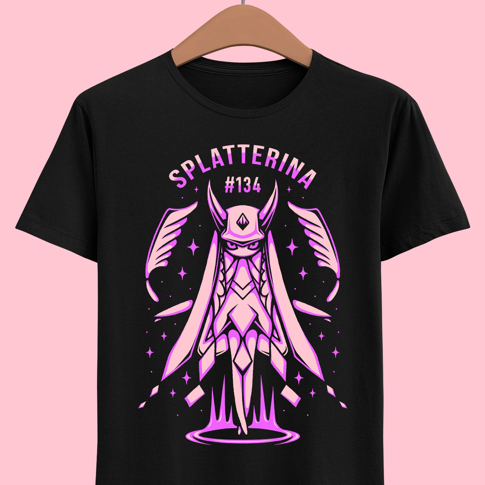 Palworld Splatterina Crimson Butcher t-shirt featuring the Dark Pal and her distinctive red, black and white yandere inspired character design.