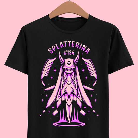 Palworld Splatterina Crimson Butcher t-shirt featuring the Dark Pal and her distinctive red, black and white yandere inspired character design.