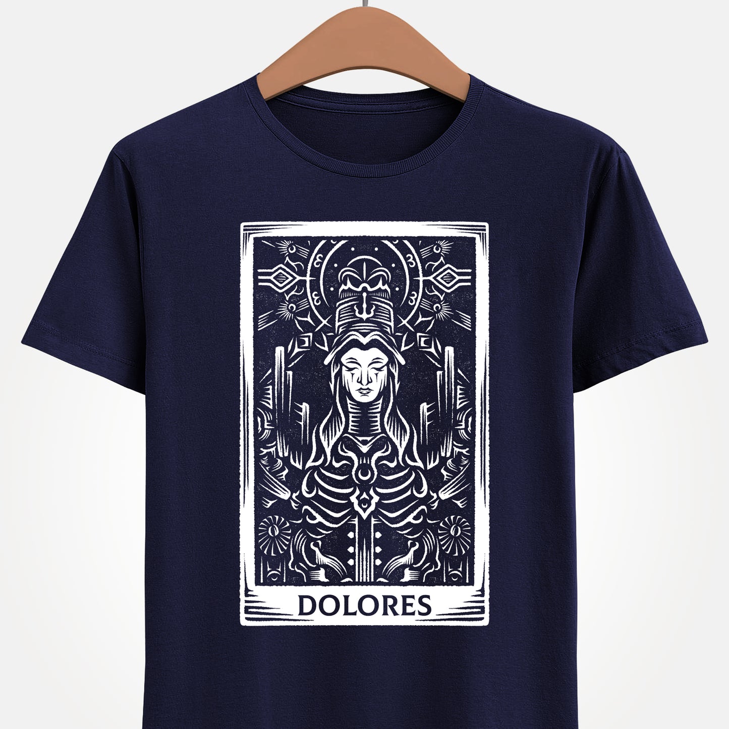 Madre Dolores tarot card t-shirt inspired by Crisol Theater of Idols, gothic horror dark fantasy tarot design featuring the mysterious character in occult tarot card style artwork.