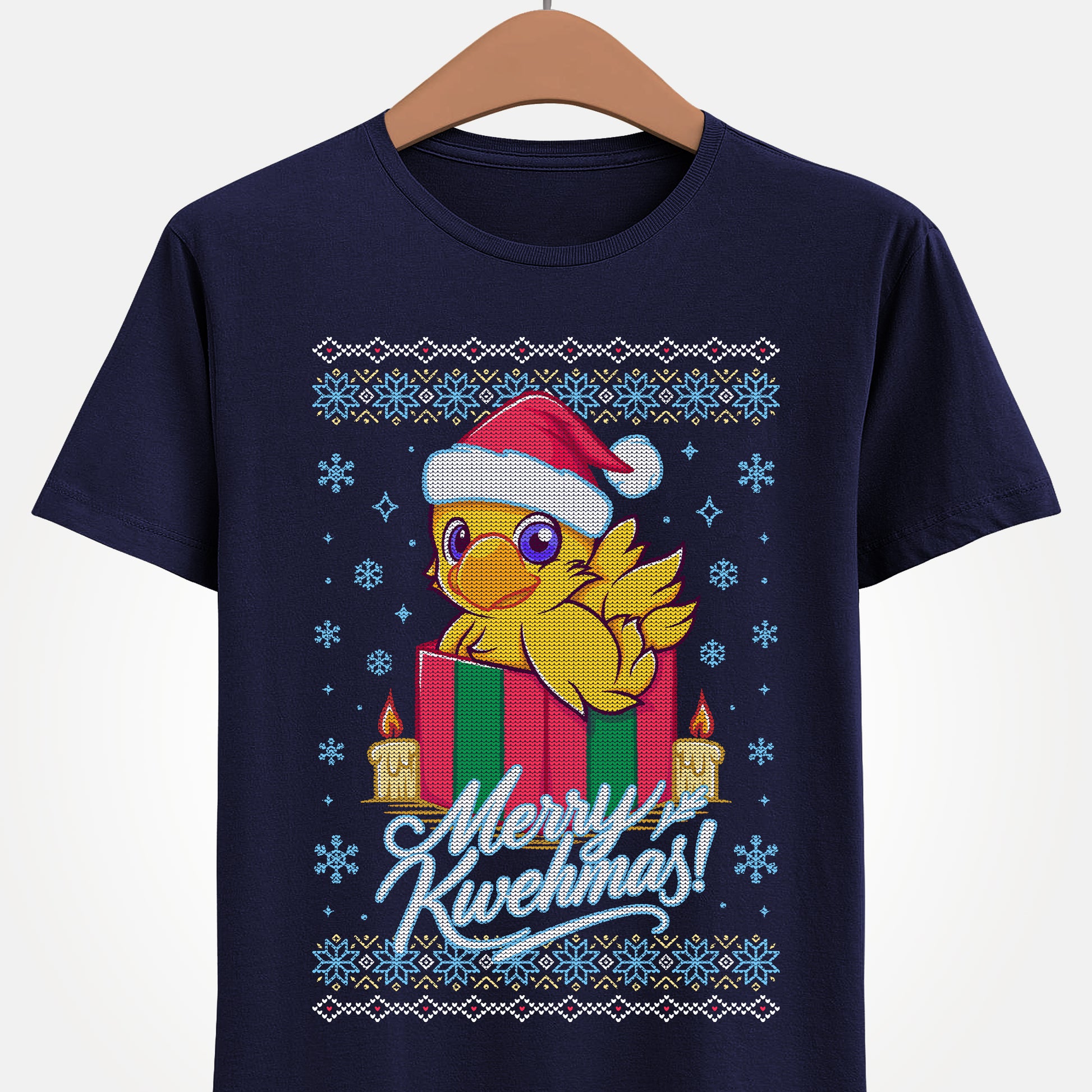 High-quality T-shirt featuring a cute Chocobo from the Final Fantasy series sitting inside a Christmas gift box and wearing a festive Santa hat. The design blends JRPG charm with adorable holiday aesthetics, making it perfect for fans of Chocobos, Christmas gaming apparel, and cute kawaii art. Ideal for gifting, collectors, and gamers who enjoy cozy festive clothing. Soft unisex tee suitable for daily wear during the holiday season. cute chocobo kawaii t-shirt, final fantasy christmas t-shirt