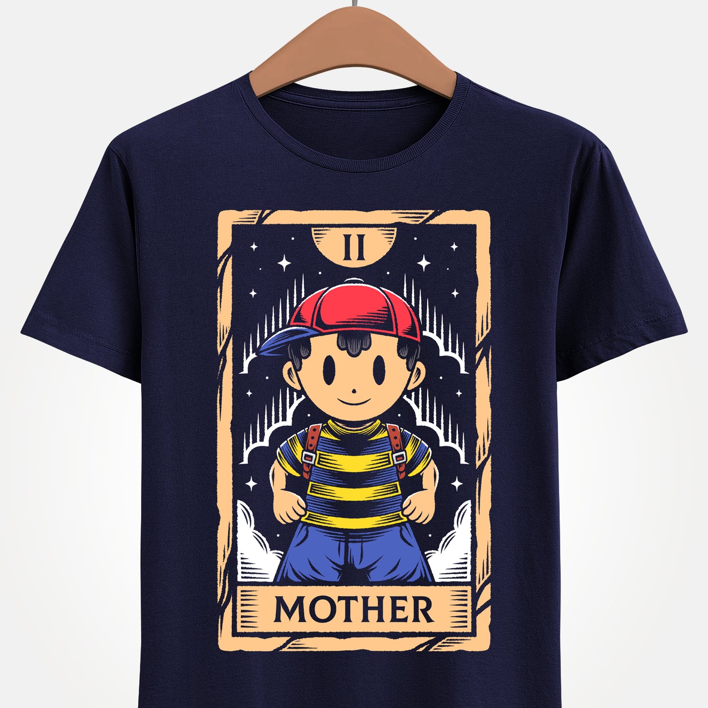 Discover this Ness tarot card t-shirt inspired by EarthBound (Mother 2) video game. A retro RPG design featuring the iconic PSI powered hero in a mystical tarot card illustration. This shirt is perfect retrogamers who love Earthbound game.