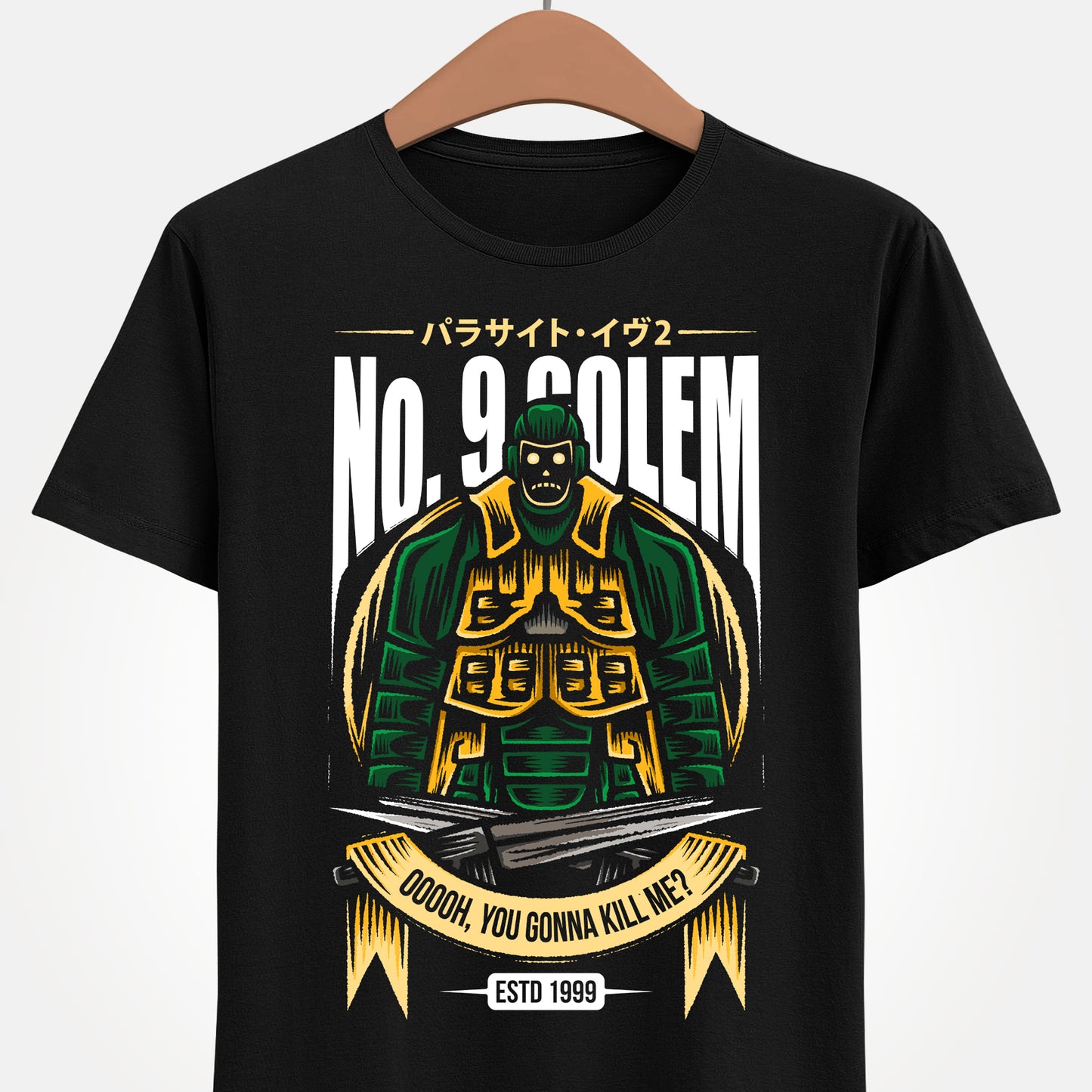 Parasite Eve II t-shirt featuring No.9 Golem boss enemy from the survival horror action RPG, inspired by classic PS1 video game design.