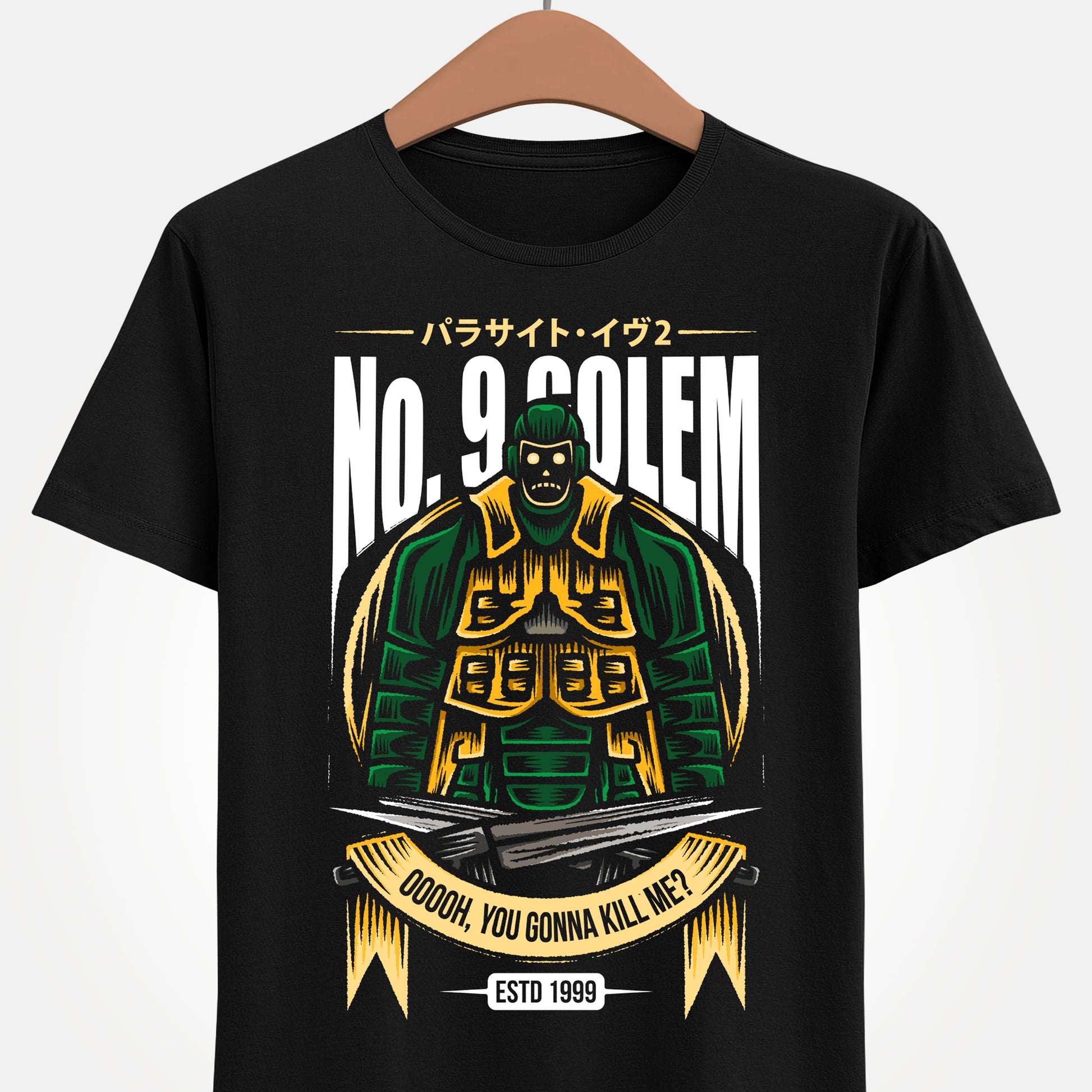 Parasite Eve II t-shirt featuring No.9 Golem boss enemy from the survival horror action RPG, inspired by classic PS1 video game design.