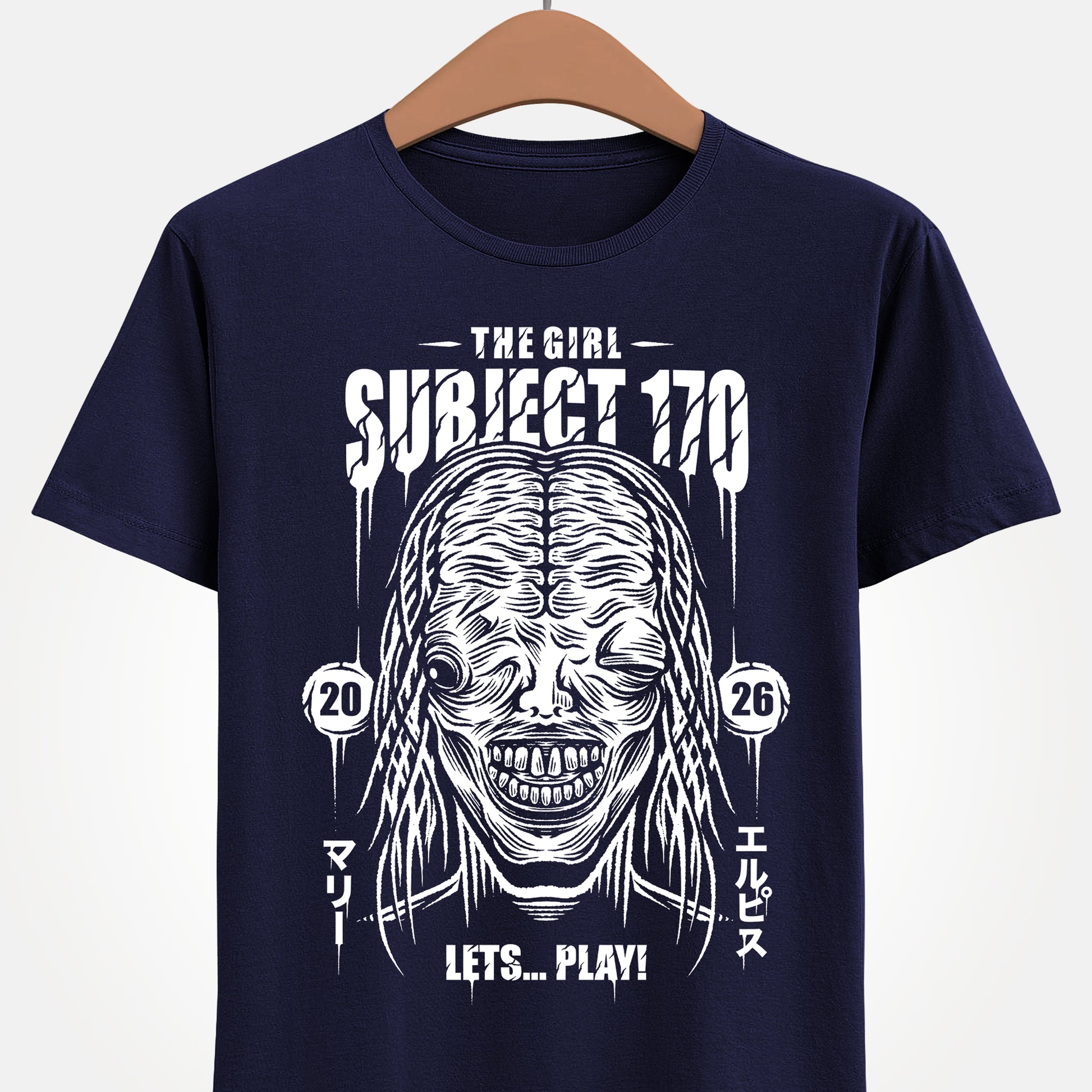 Resident Evil Requiem t-shirt inspired by the survival horror video game also known as Resident Evil 9 or RE9. Featuring the terrifying boss The Girl, also known as Marie or Subject 170, this design captures the dark atmosphere and psychological horror style of the Resident Evil series. Perfect survival horror gamer merch for fans of Resident Evil, survival horror video games. Marie who stalks protagonist Grace Ashcroft is a clone created by Dr. Victor Gideon for Project Elpis born at ARK.