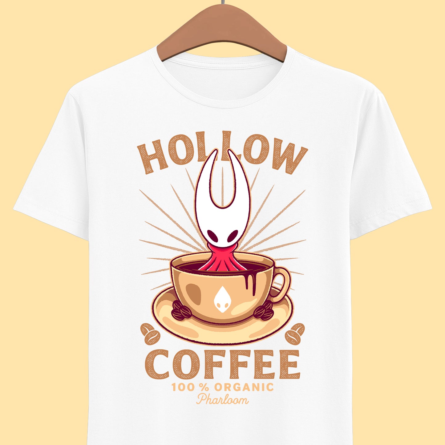 Cute T-shirt featuring Hornet from Hollow Knight Silksong sitting inside a warm coffee mug in a kawaii art style. This cozy design blends indie game aesthetics with coffee-lover vibes, perfect for fans of Hornet, Silksong, and Hollow Knight. The illustration uses soft colors and adorable details to appeal to cute-art lovers, cozy gamers, and collectors looking for unique fan-made merch. Ideal for everyday wear and gamer-themed outfits. hollow knight silksong merch, hollow knight coffee t-shirt