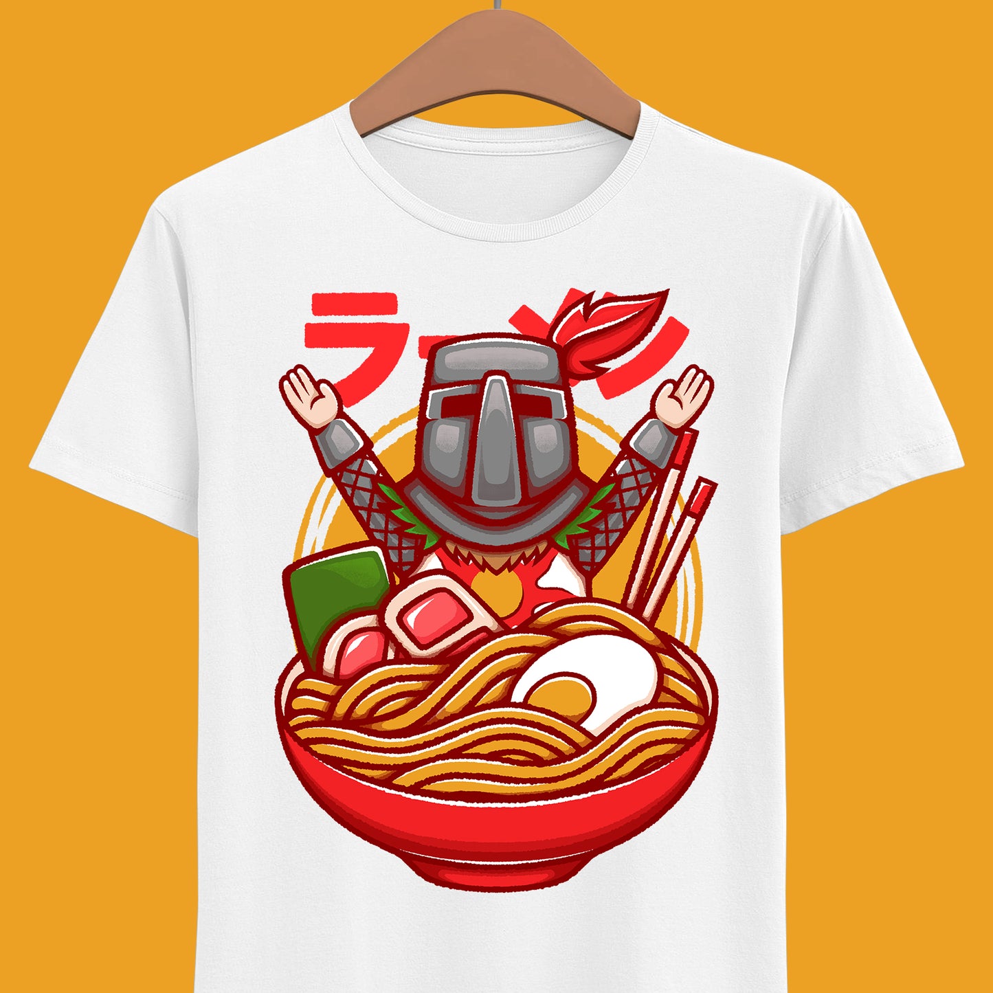 Solaire of Astora ramen t-shirt inspired by Dark Souls, featuring the iconic knight inside a stylized ramen bowl in a fun fantasy art style. This unisex gamer shirt blends action RPG energy with cozy Japanese ramen aesthetics. Perfect for fans of Dark Souls, Dark Souls II, Dark Souls III, Bloodborne, and Elden Ring. Ideal soulslike merch for collectors, FromSoftware fans, and gamers who love unique fantasy designs.
