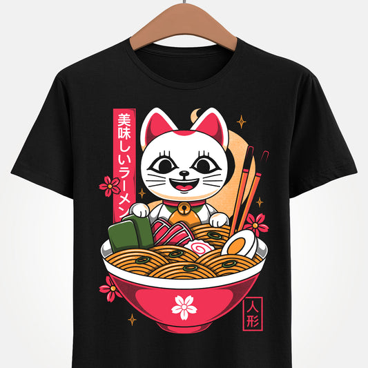 Turbo Granny ramen t-shirt inspired by Dan Da Dan, featuring the character in her Lucky Cat Maneki-neko form inside a Japanese noodle bowl. This unisex anime shirt combines yokai folklore, ramen food aesthetic, and Japanese art style. Perfect anime merch for fans of Dan Da Dan, manga lovers, otaku collectors, and gamers who enjoy unique character designs. Ideal anime t-shirt for Turbo Granny fans and collectors of Japanese pop culture apparel.