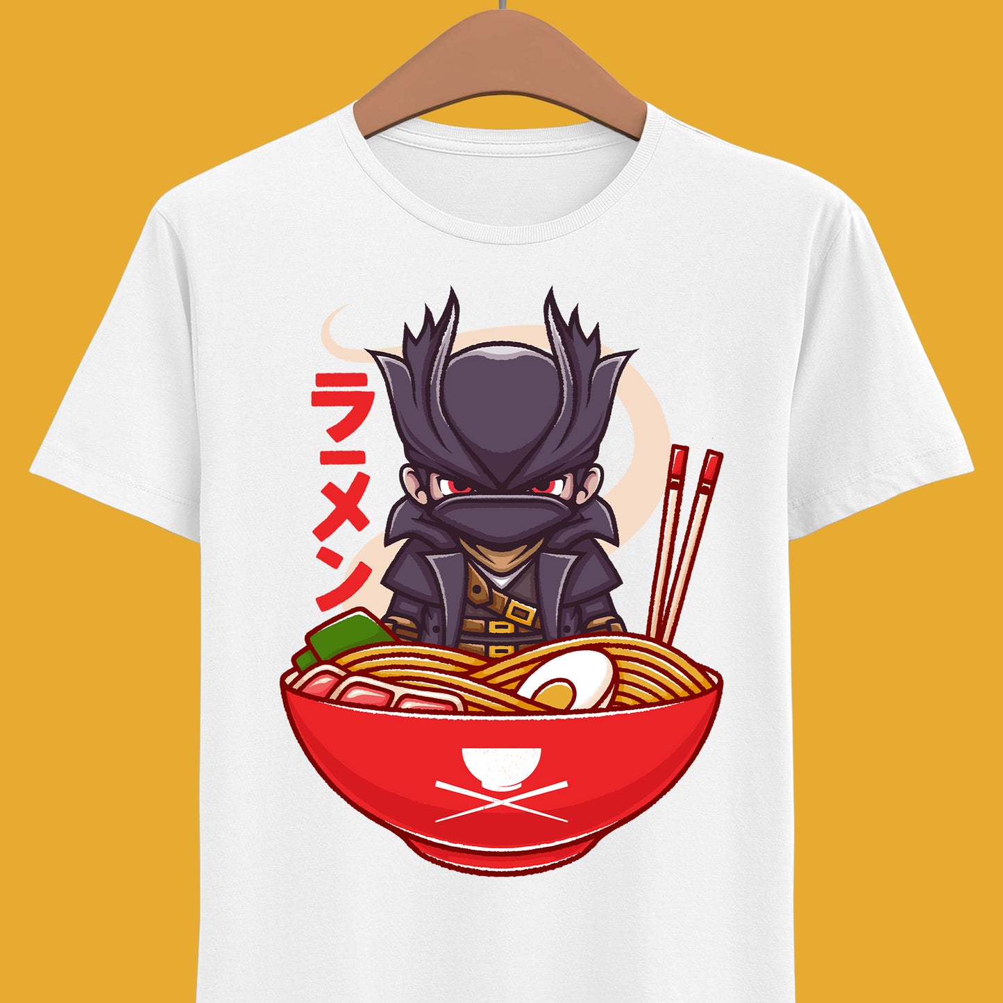 Bloodborne Hunter ramen t-shirt inspired by the gothic action RPG video game Bloodborne. Featuring the iconic Hunter inside a ramen bowl in a dark fantasy art style, this unisex gamer shirt blends Victorian horror aesthetics with playful Japanese food design. Perfect Soulsborne merch for fans of challenging action RPGs, gothic atmospheres, and cult classic PlayStation titles. Gamer shirt inspired by The Hunter main character of Bloodborne video game in a ramen bowl in kawaii art style.