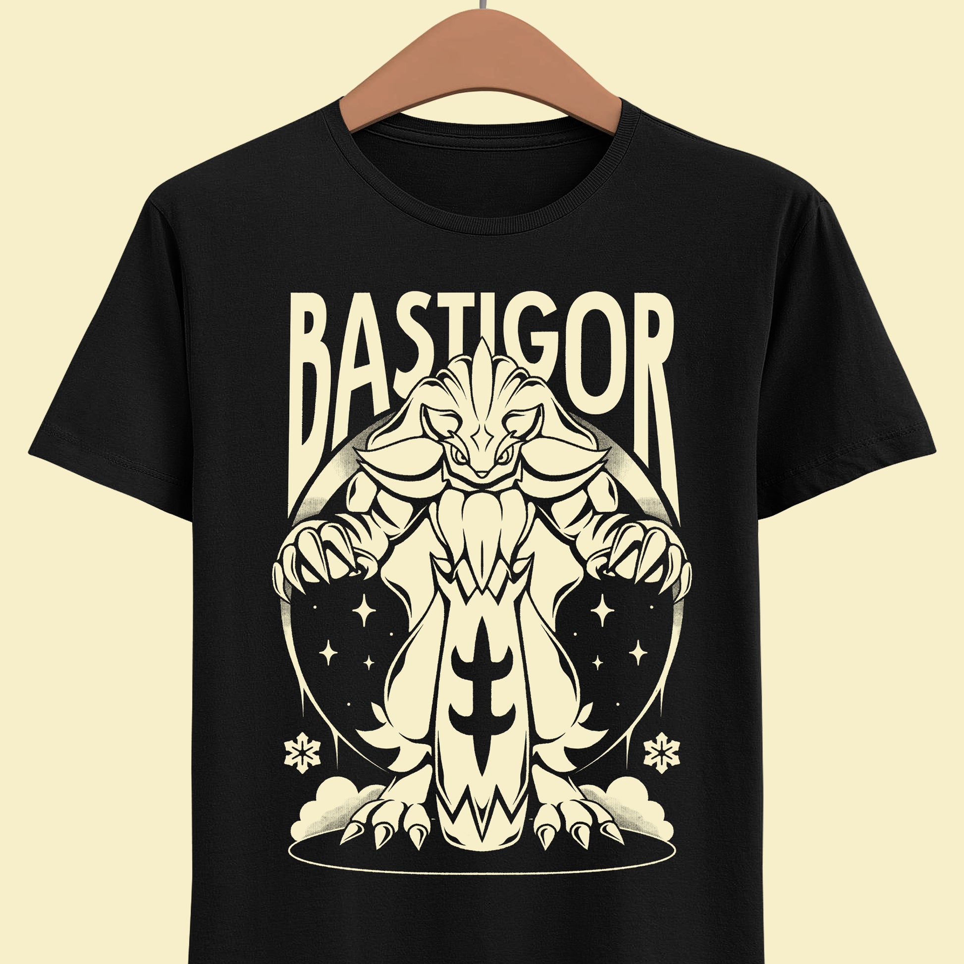 Palworld Bastigor King of Frostfang t-shirt featuring the massive Ice Pal with his frozen hammer and powerful Feybreak battle design.