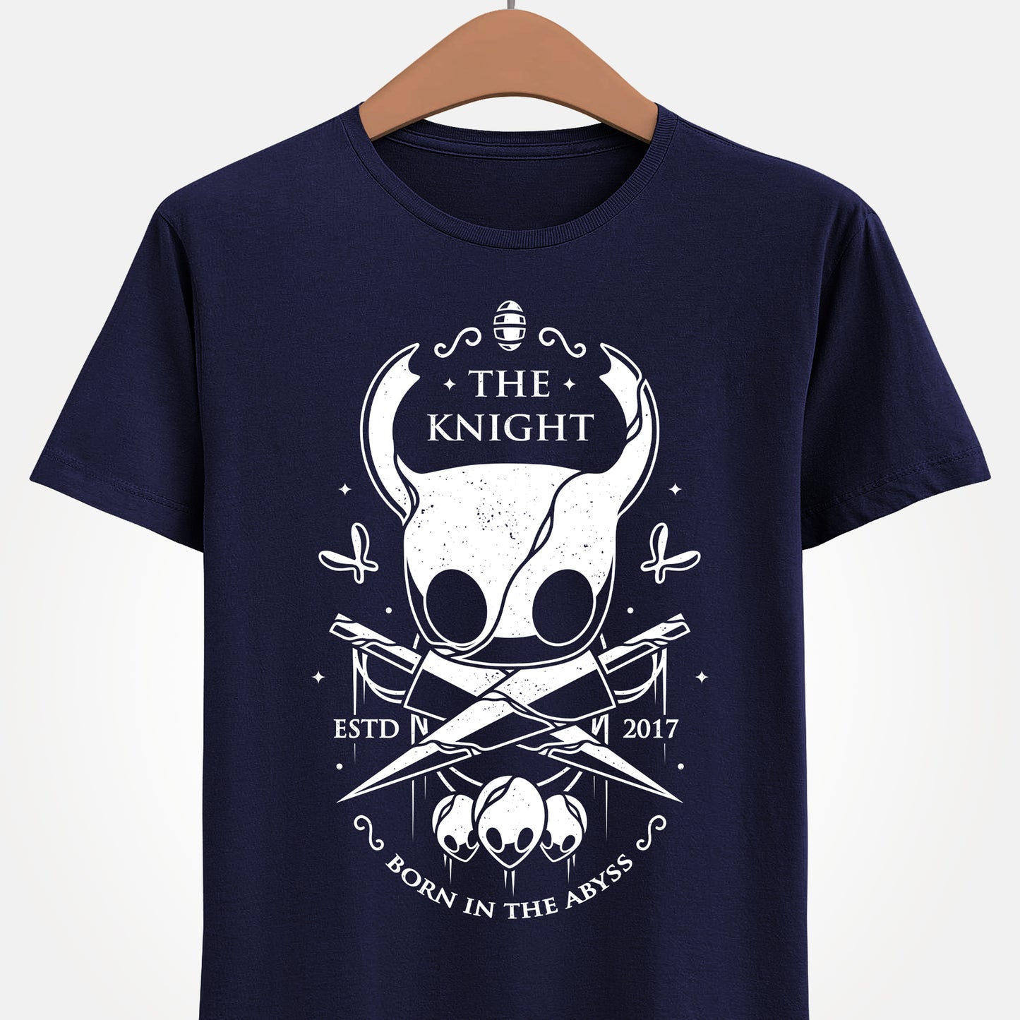 The Knight Hollow Knight t-shirt featuring the iconic Vessel from the indie metroidvania video game Hollow Knight. Atmospheric gamer apparel inspired by Hallownest, perfect for fans of The Knight, indie games, dark fantasy aesthetics, and Hollow Knight merch. Unisex video game shirt ideal as a gift for gamers and collectors. hollow knight merch, hollow knight the knight t-shirt, the knight hollow knight video game t-shirt, hollow knight exclusive merch, hollow knight silksong t-shirt