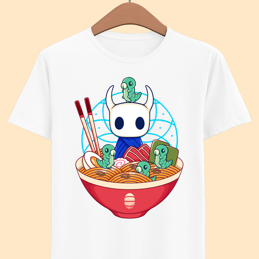 Cute Hollow Knight T-shirt featuring The Knight and adorable Grubs sitting inside a colorful ramen noodle bowl in a kawaii Japanese art style. The design blends food-themed illustration with indie game aesthetics, creating a fun and cozy look perfect for Hollow Knight fans, metroidvania lovers, ramen enthusiasts, and collectors. High-quality print ideal for gamers who enjoy cute cartoon art and unique fan-made apparel. hollow knight the knight ramen t-shirt, hollow knight ramen shirt, ramen tee