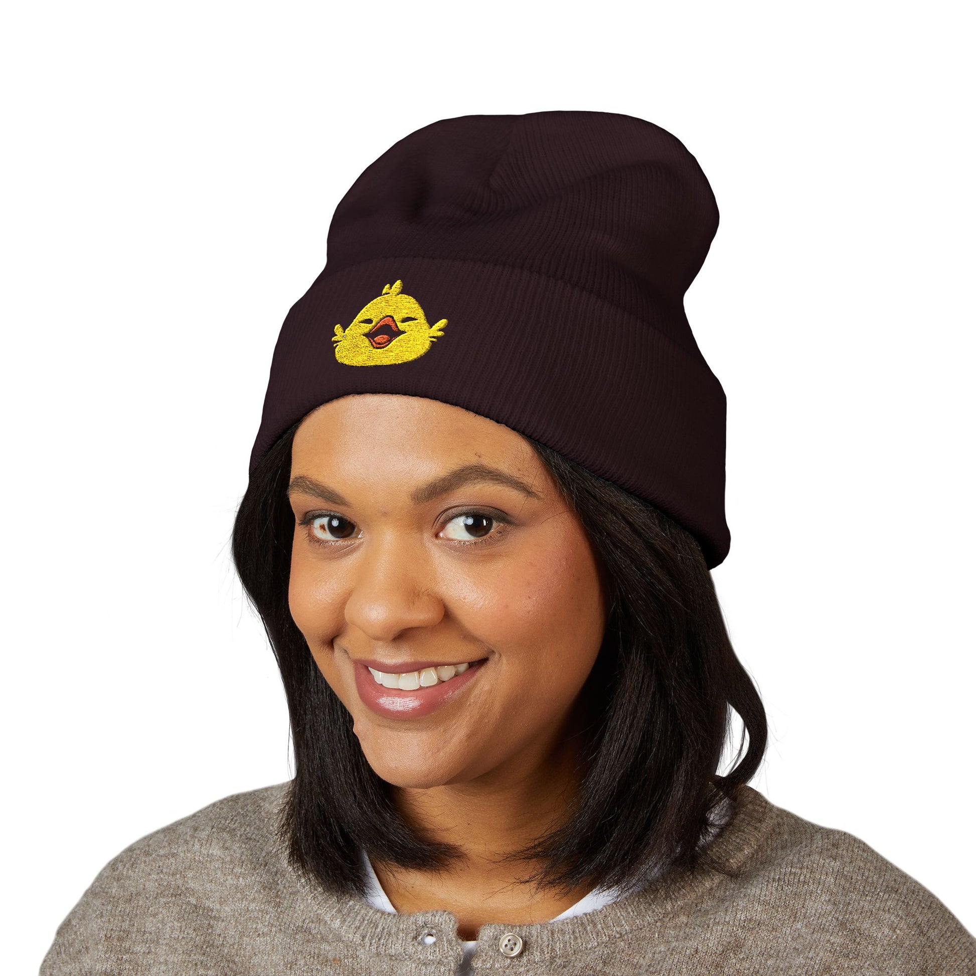 Fat Chocobo embroidered gaming beanie inspired by Final Fantasy XIV and Final Fantasy RPG video games displayed as a stylish cuffed winter hat.