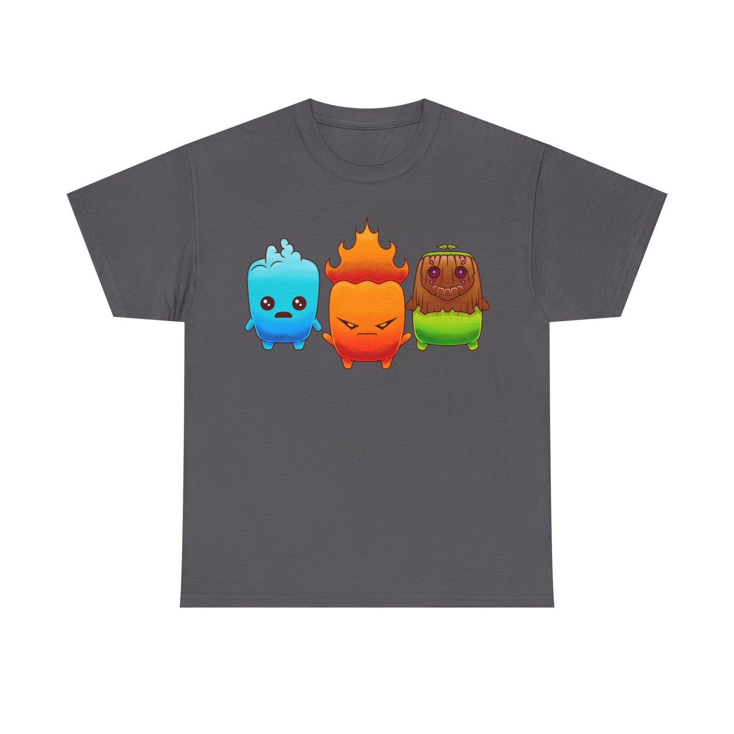 Fortnite Battle Royale t-shirt featuring the Fire Sprite, Water Sprite and Earth Sprite from Chapter 7 Season 3 Runners in a cute elemental spirit design.