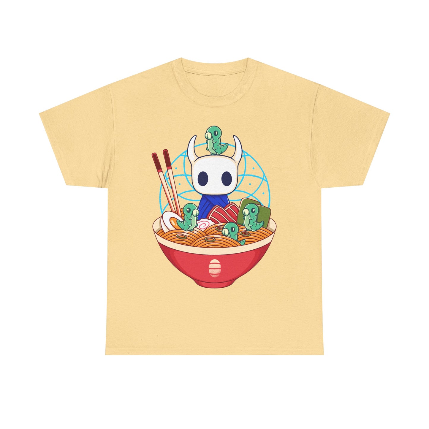 Cute Hollow Knight T-shirt featuring The Knight and adorable Grubs sitting inside a colorful ramen noodle bowl in a kawaii Japanese art style. The design blends food-themed illustration with indie game aesthetics, creating a fun and cozy look perfect for Hollow Knight fans, metroidvania lovers, ramen enthusiasts, and collectors. High-quality print ideal for gamers who enjoy cute cartoon art and unique fan-made apparel. hollow knight the knight ramen t-shirt, hollow knight ramen shirt, ramen tee