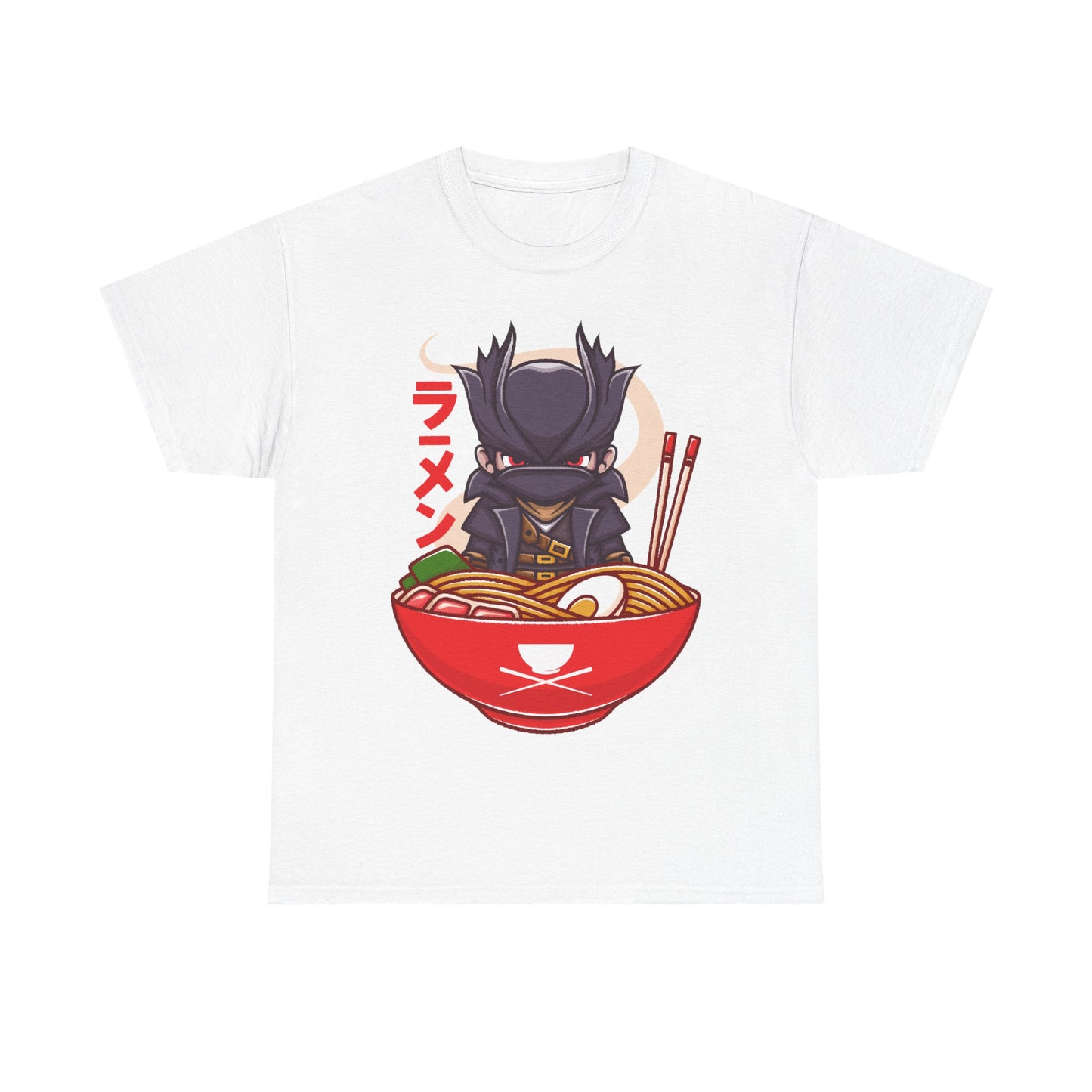 Bloodborne Hunter ramen t-shirt inspired by the gothic action RPG video game Bloodborne. Featuring the iconic Hunter inside a ramen bowl in a dark fantasy art style, this unisex gamer shirt blends Victorian horror aesthetics with playful Japanese food design. Perfect Soulsborne merch for fans of challenging action RPGs, gothic atmospheres, and cult classic PlayStation titles. Gamer shirt inspired by The Hunter main character of Bloodborne video game in a ramen bowl in kawaii art style.