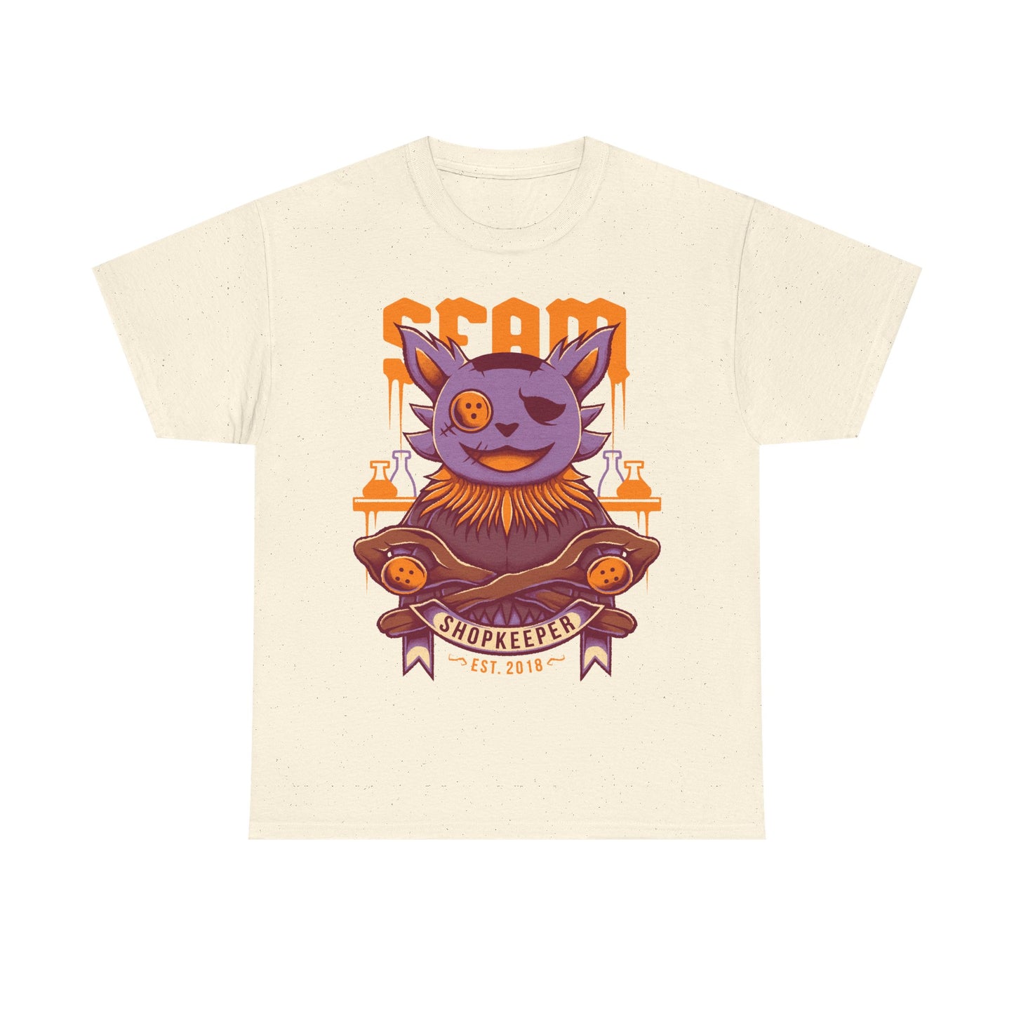 Deltarune Seam Shopkeeper Darkner t-shirt featuring the mysterious purple plush character and former Court Magician from Card Kingdom.