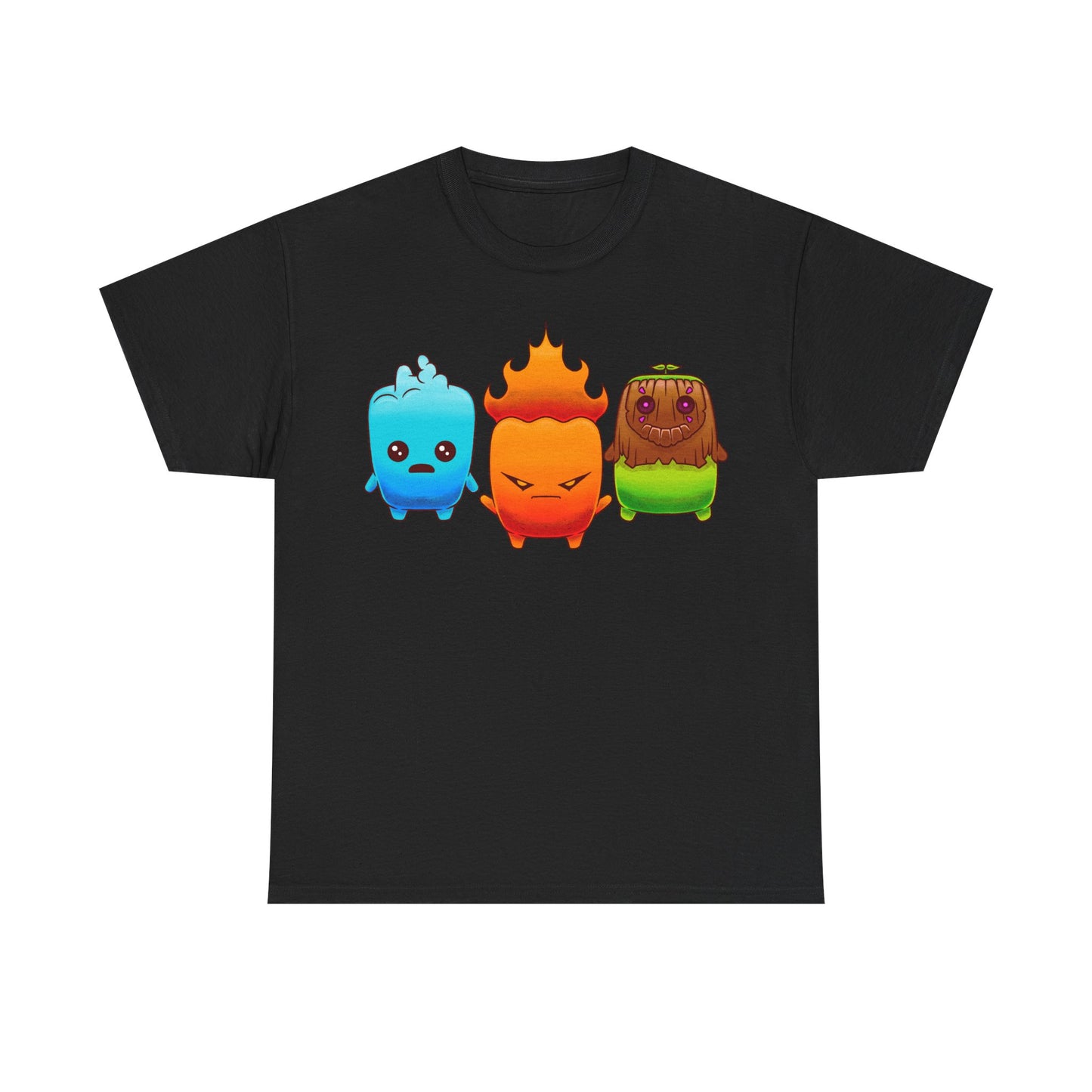 Fortnite Battle Royale t-shirt featuring the Fire Sprite, Water Sprite and Earth Sprite from Chapter 7 Season 3 Runners in a cute elemental spirit design.