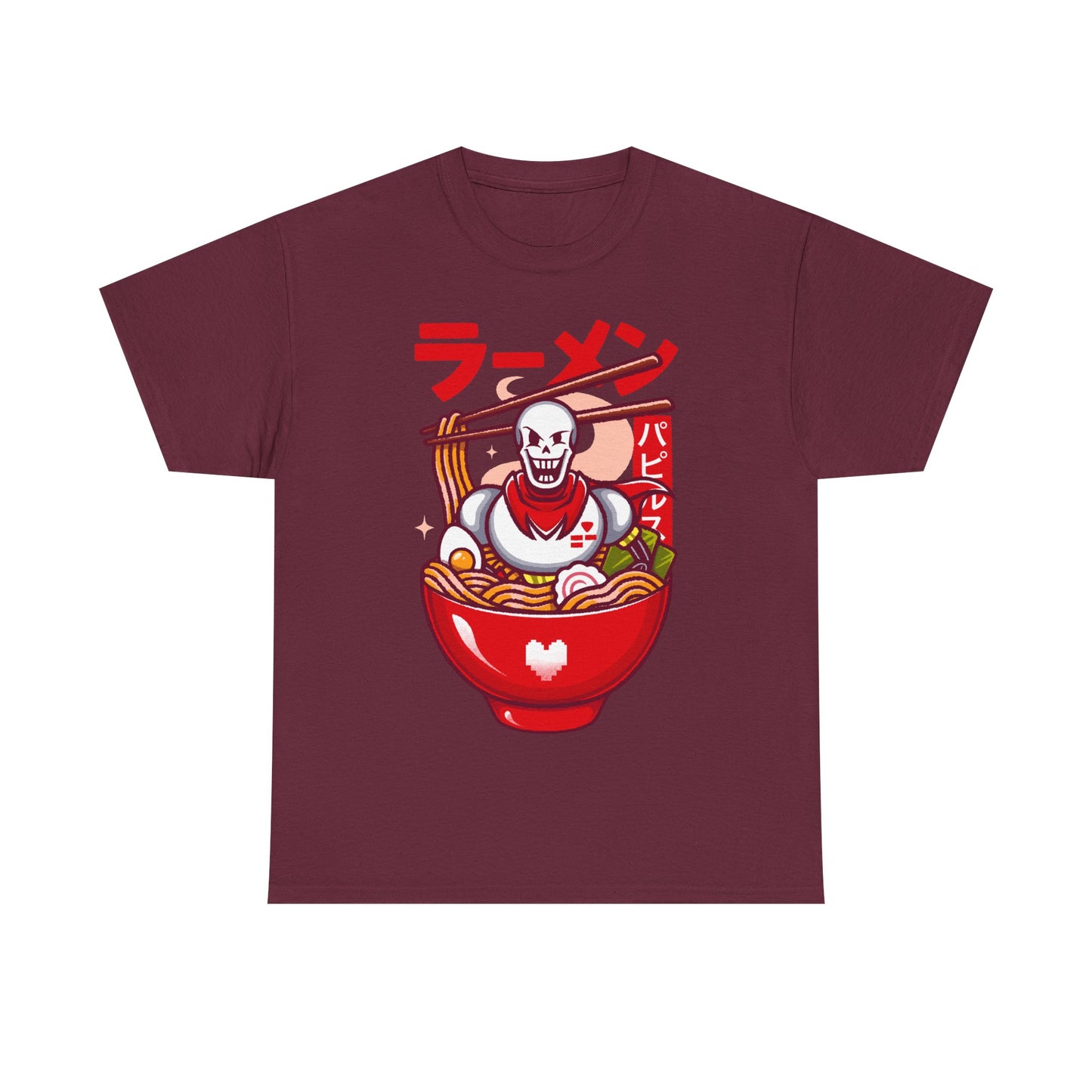 Image of a Papyrus T-shirt inspired by the indie game Undertale, featuring Papyrus sitting inside a Japanese ramen bowl in a cute kawaii art style. The design includes noodles, chopsticks and bright manga-style colors, perfect for fans of Papyrus, Sans, Undyne and the Undertale cast. Ideal for gamers who love Japanese food, ramen-themed apparel, geek culture, and unique Undertale merch with a playful aesthetic. papyrus undertale t-shirt, papyrus undertale video game merch, papyrus undertale tee