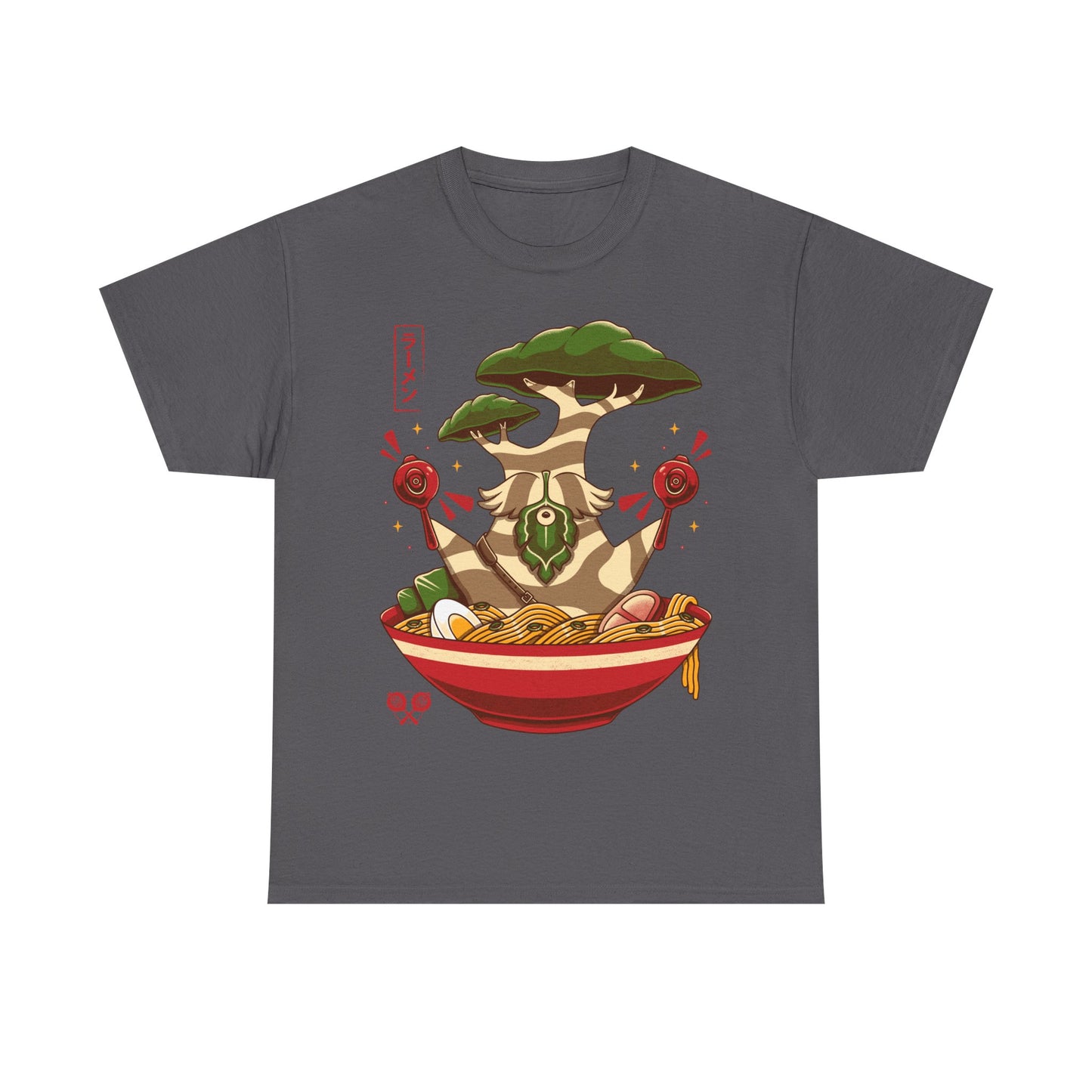 Hestu Korok t-shirt from The Legend of Zelda Breath of the Wild featuring Hestu doing the Shalaka Dance inside a ramen noodle bowl in cute gamer style.