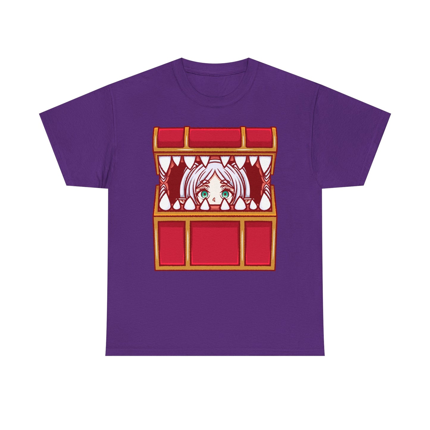 Frieren Mimic t-shirt inspired by Sōsō no Frieren: Beyond Journey’s End, featuring the elf mage protagonist being playfully eaten by a treasure chest mimic in a cute kawaii art style. This unisex anime shirt captures the viral meme loved by fans across the internet. Perfect fantasy anime merch for collectors, otaku enthusiasts, and fans of Frieren who enjoy funny dungeon moments and RPG-inspired designs.
