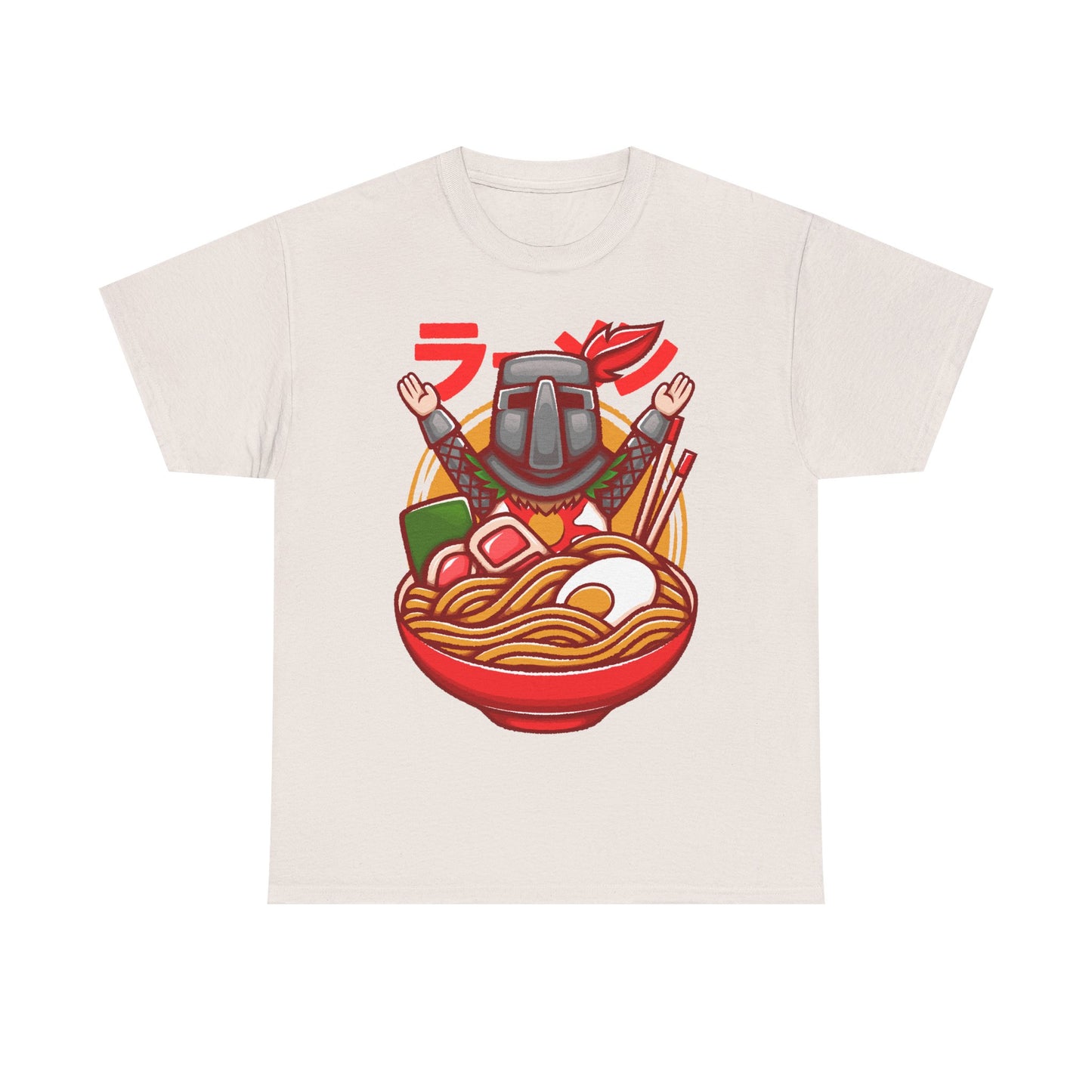 Solaire of Astora ramen t-shirt inspired by Dark Souls, featuring the iconic knight inside a stylized ramen bowl in a fun fantasy art style. This unisex gamer shirt blends action RPG energy with cozy Japanese ramen aesthetics. Perfect for fans of Dark Souls, Dark Souls II, Dark Souls III, Bloodborne, and Elden Ring. Ideal soulslike merch for collectors, FromSoftware fans, and gamers who love unique fantasy designs.