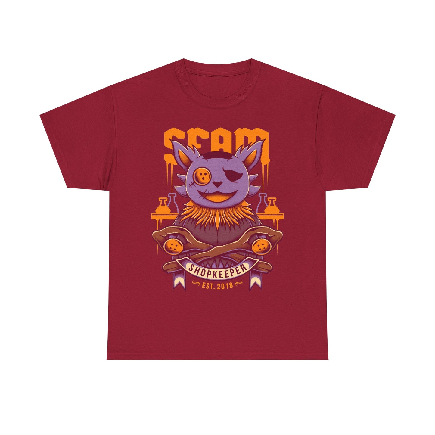 Deltarune Seam Shopkeeper Darkner t-shirt featuring the mysterious purple plush character and former Court Magician from Card Kingdom.
