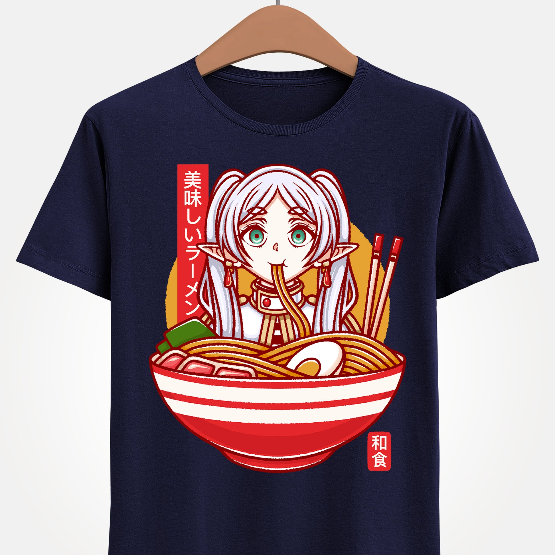 Frieren ramen t-shirt inspired by Sōsō no Frieren: Beyond Journey’s End, featuring the elf mage protagonist inside a stylized Japanese ramen bowl. This unisex anime shirt blends fantasy aesthetics with cozy ramen culture, creating a unique design for fans of the manga and anime series. Perfect anime merch for collectors, otaku enthusiasts, and lovers of Japanese art inspired apparel. Ideal t-shirt for Frieren fans and fantasy anime lovers.