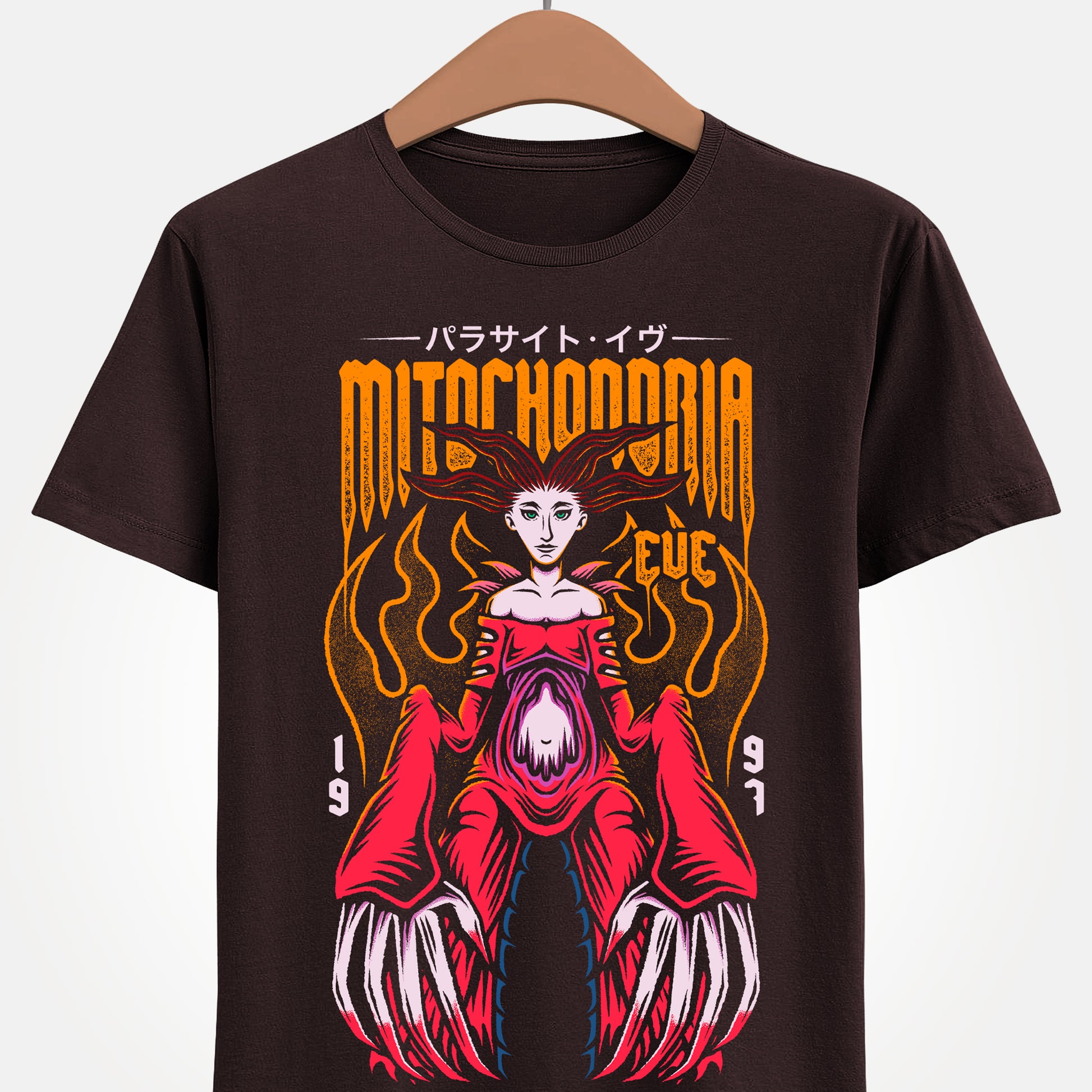 Parasite Eve t-shirt featuring Mitochondria Eve and Aya Brea inspired design from the PS1 survival horror RPG Parasite Eve and Parasite Eve II.