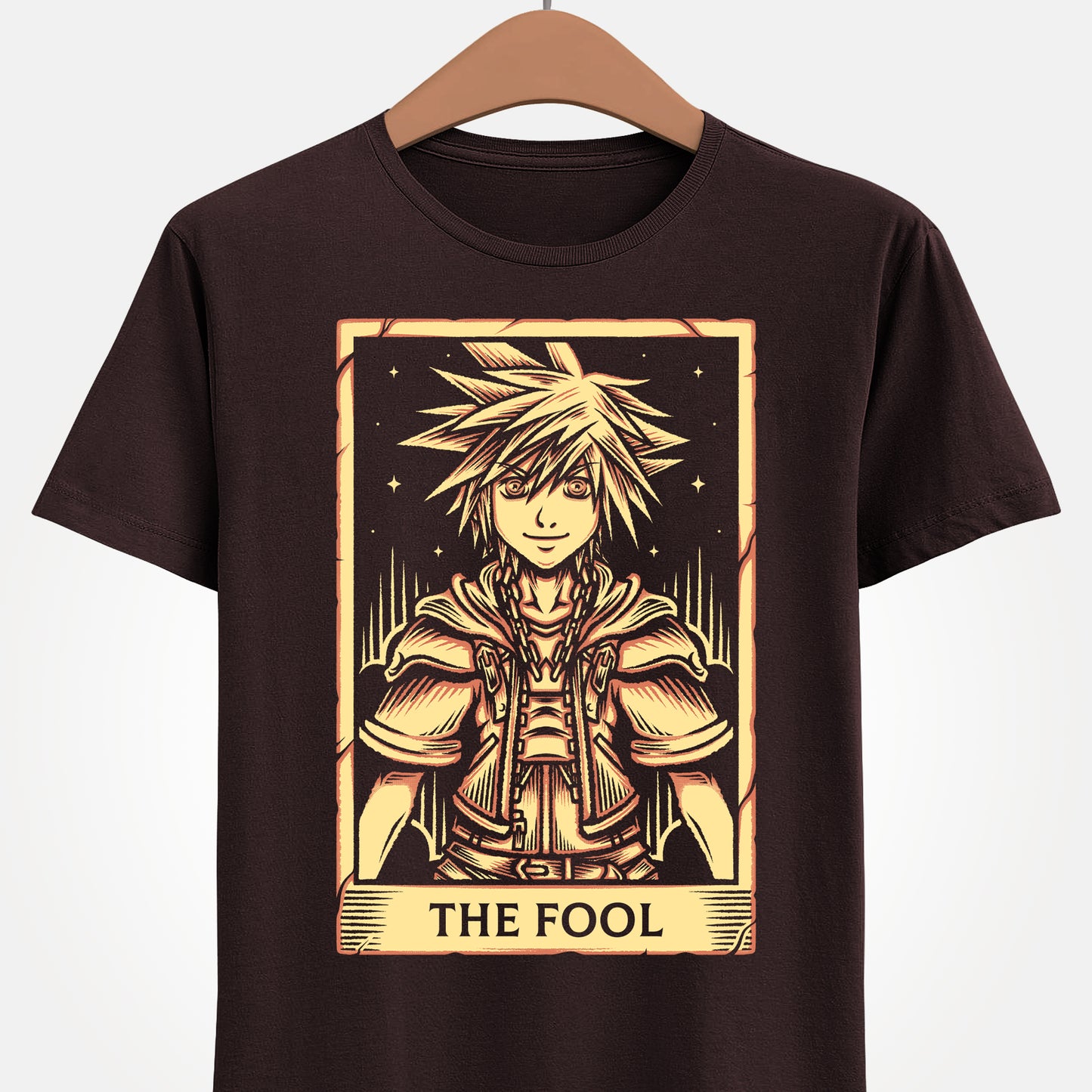 Sora from Kingdom Hearts t-shirt featuring the Keyblade wielder hero from the iconic fantasy RPG video game series in tarot card art style as the fool.